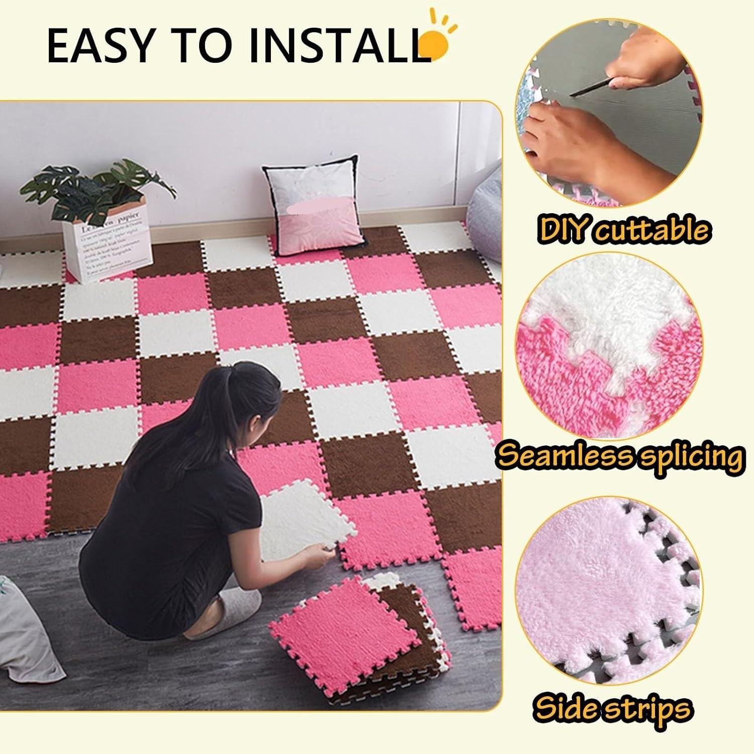 10pcs Cuttable Plush Foam Floor Tiles Rug, 30x30x1cm Thickned Puzzle Carpets Square Interlocking Floor Mats Carpet, for Bedroom Playroom(Apricot)