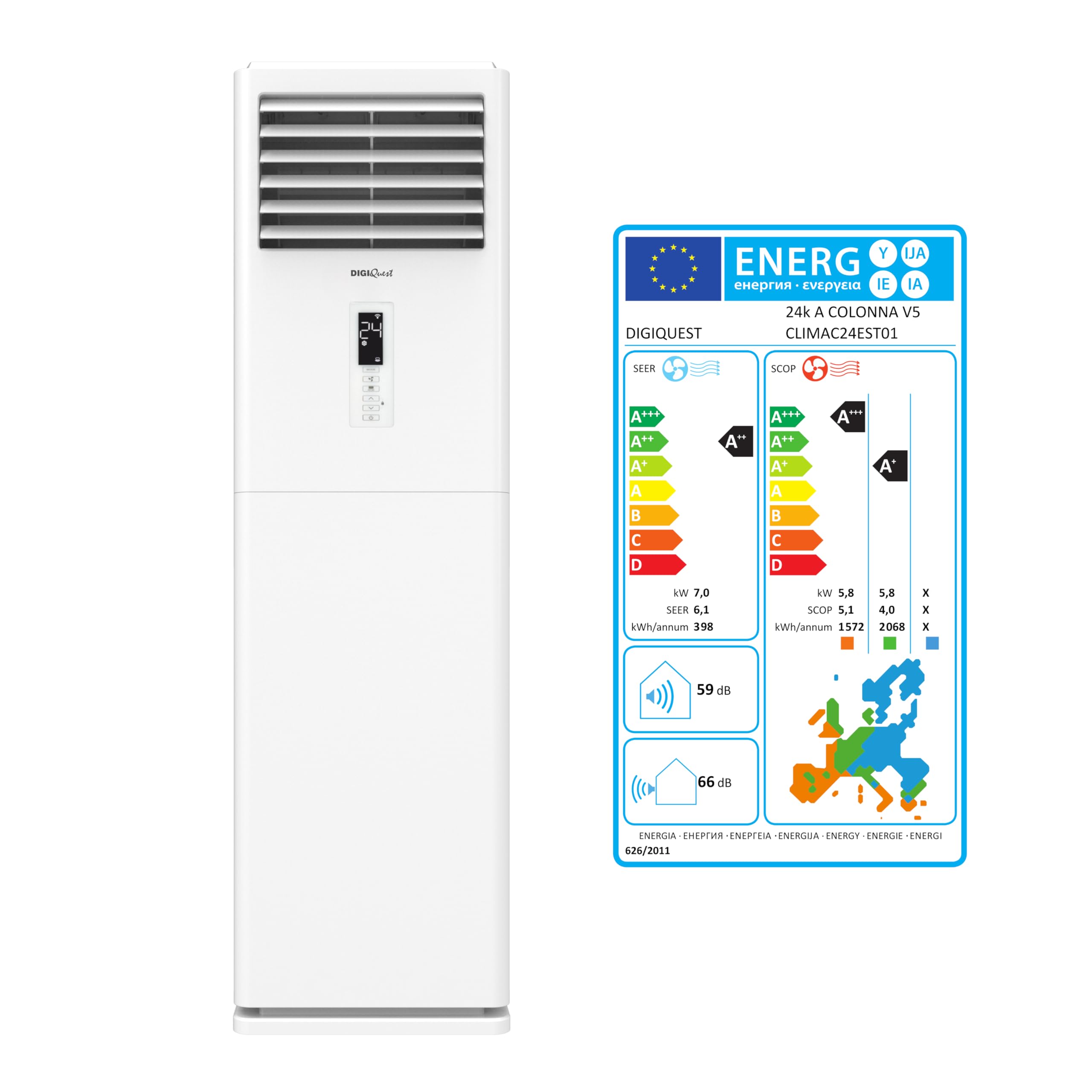 DIGIQUEST Climatizzatore A Colonna 24000BTU Inverter V5 | WiFi integrato | R32 | A++ Raffreddamento/A+++ Riscaldamento | I FEEL | Flusso d'aria 3D | TURBO | Notte | SEER 6,1| SCOP 5,1 | CLIMA00074