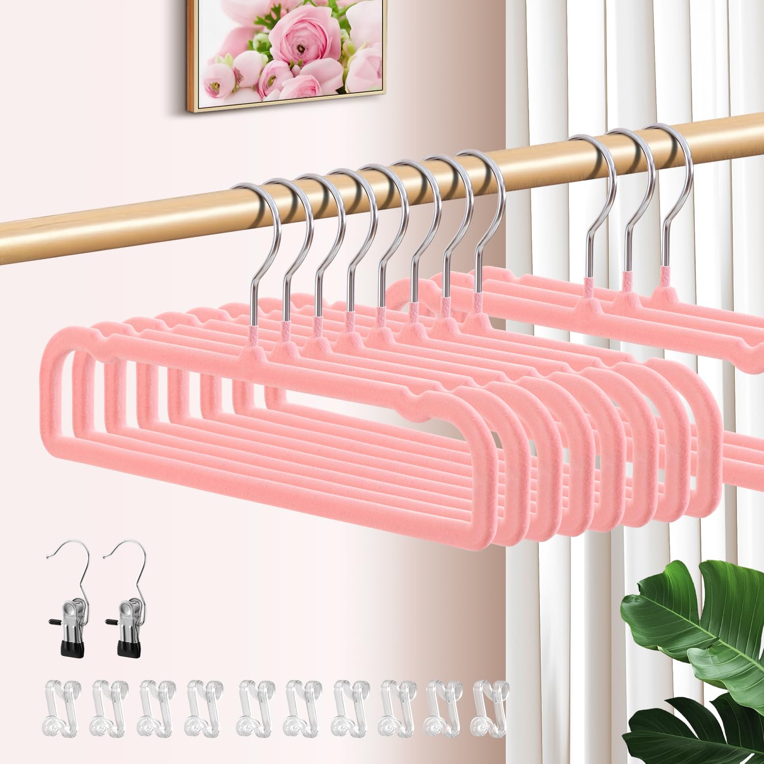 Confezione da 30 grucce in velluto antiscivolo per jeans, con 10 ganci e 2 clip, resistenti, sottili, salvaspazio, con gancio girevole a 360°, per pantaloncini, gonne e reggiseni (rosa)