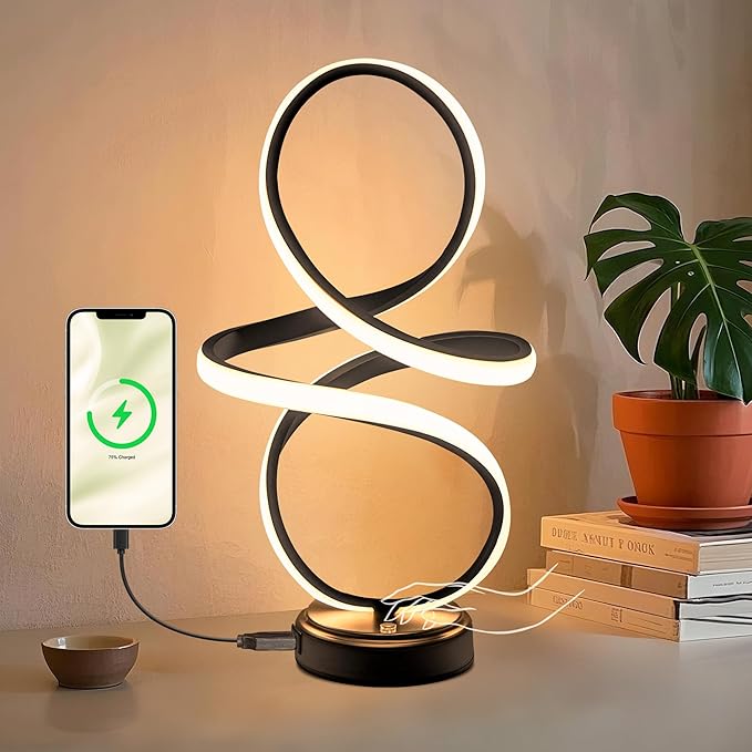 Mayful Mayful Modern LED Spiral Table Lamp,Black Touch Control Bedside Lamp with USB Charging Ports,Contemporary Stepless Dimmable Nightstand Lamp for Bedroom Living Room Home Office,12W, 3200K Warm White