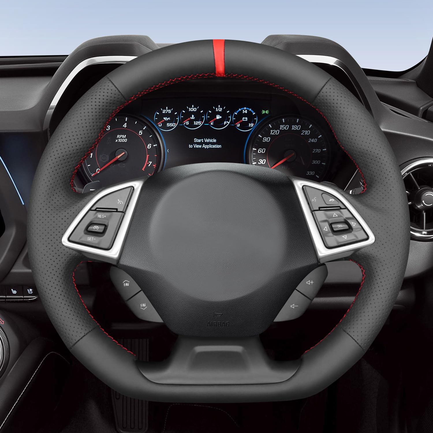 MEWANT Hand Stitch Black Genuine Leather Steering Wheel Cover for Chevy Camaro 2016-2024 DIY Steering Wheel Wrap