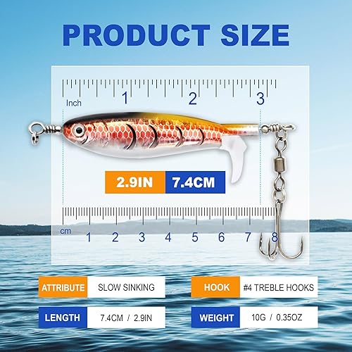 Miniatura 6 de 3 señuelos de pesca flotantes giratorios para agua dulce y agua salada, cebo de pesca de hundimiento lento con cola de hélice, cebo de pesca de