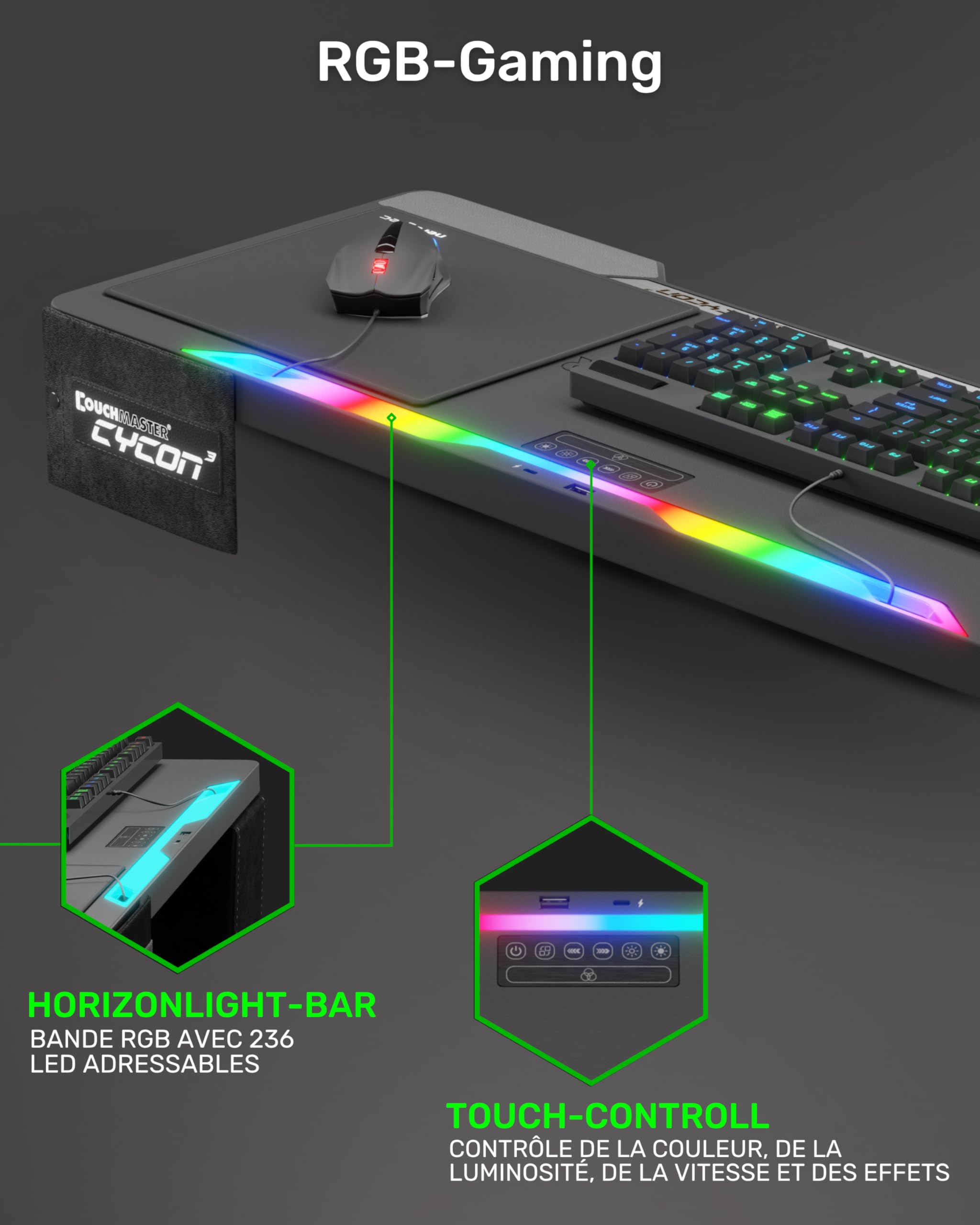Couchmaster Plateau ergonomique pour ordinateur portable avec barre de jeu HORIZONLIGHT RGB et hub USB pour PC, PS4/5, Xbox One/Series X
