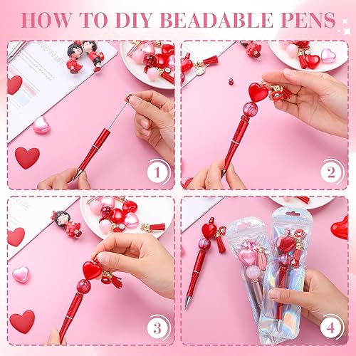 Miniatura 6 de NEWEST 12 bolígrafos con cuentas para el día de San Valentín, bolígrafos con forma de corazón con 36 cuentas y 20 bolsas de embalaje, kit de