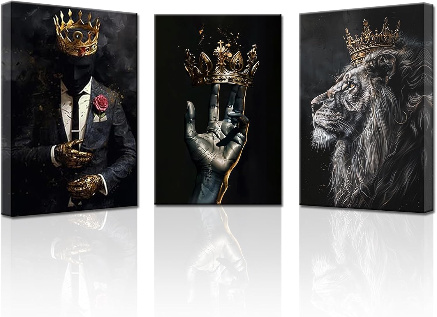 PBXBJY African American Wall Art 3 Pieces Black Man Wearing Gold Crown Canvas Prints African Lion King Portrait Poster Wall Decor for Men Bedroom Framed (African, (12.00" x 16.00" x 3PCS))
