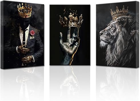 PBXBJY African American Wall Art 3 Pieces Black Man Wearing Gold Crown Canvas Prints African Lion King Portrait Poster Wall Decor for Men Bedroom Framed African, 12.00" x 16.00" x 3PCS