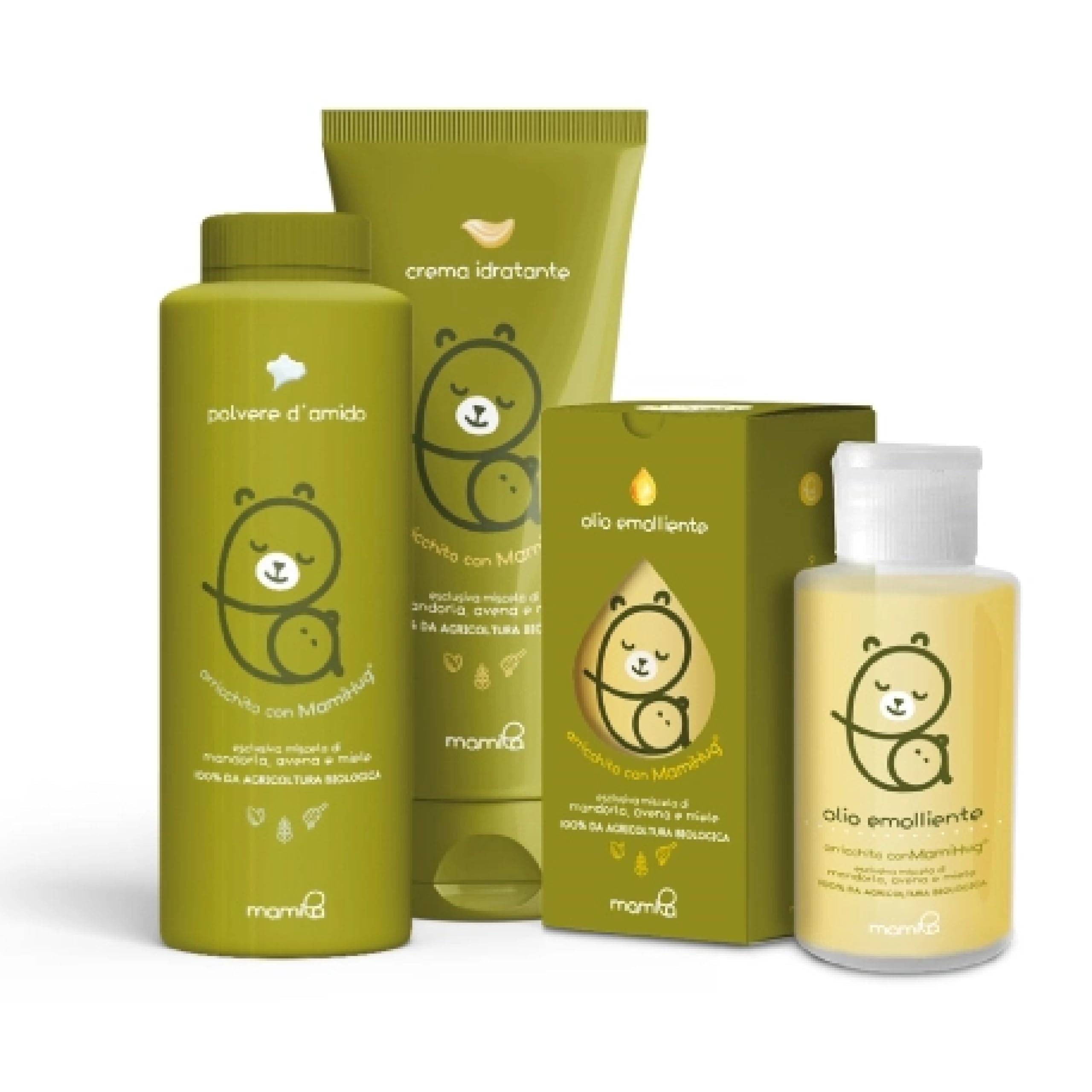 Mamila Set Benessere della Pelle del Bambino, Crema Idratante 100ml, Polvere d'Amido 150ml, Olio Emolliente 75ml, MamiHug Idea Regalo Nascita Bimbo, 0 Mesi
