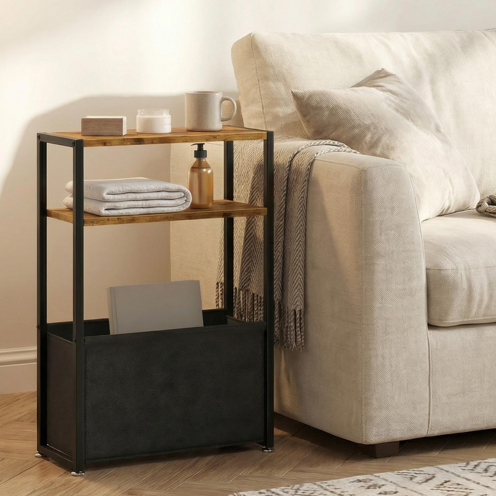 XunHe Narrow Side Table - Slim Side Table with Storage Basket, Small End Table for Small Spaces with Fabric Basket Slim Bedside Tables for Bedroom Rustic Brown Sofa Side Tables Living Bathroom
