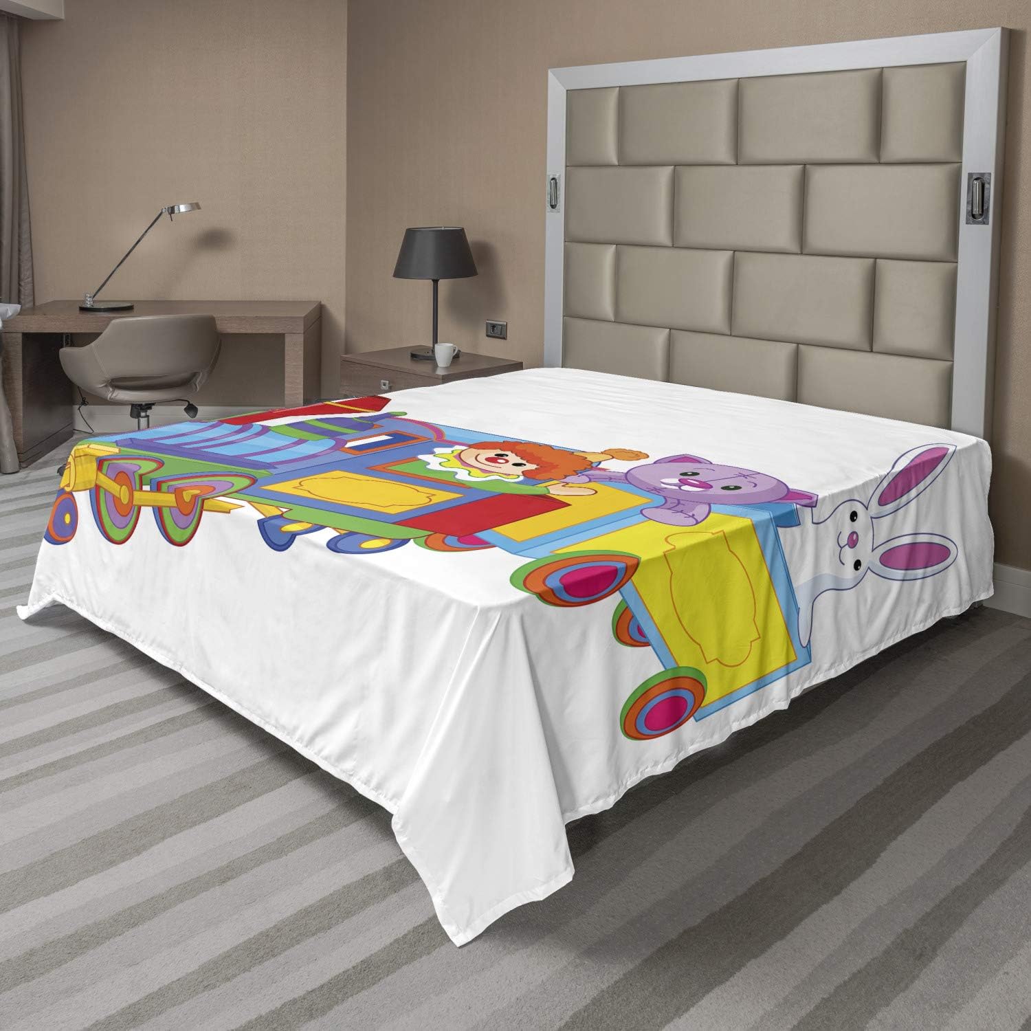 Ambesonne Cartoon Flat Sheet, Clown Cat and Bunny Sitting in The Train Toys Style Funny Cheerful, Soft Comfortable Top Sheet Decorative Bedding 1 Piece, Full Size, Multicolor