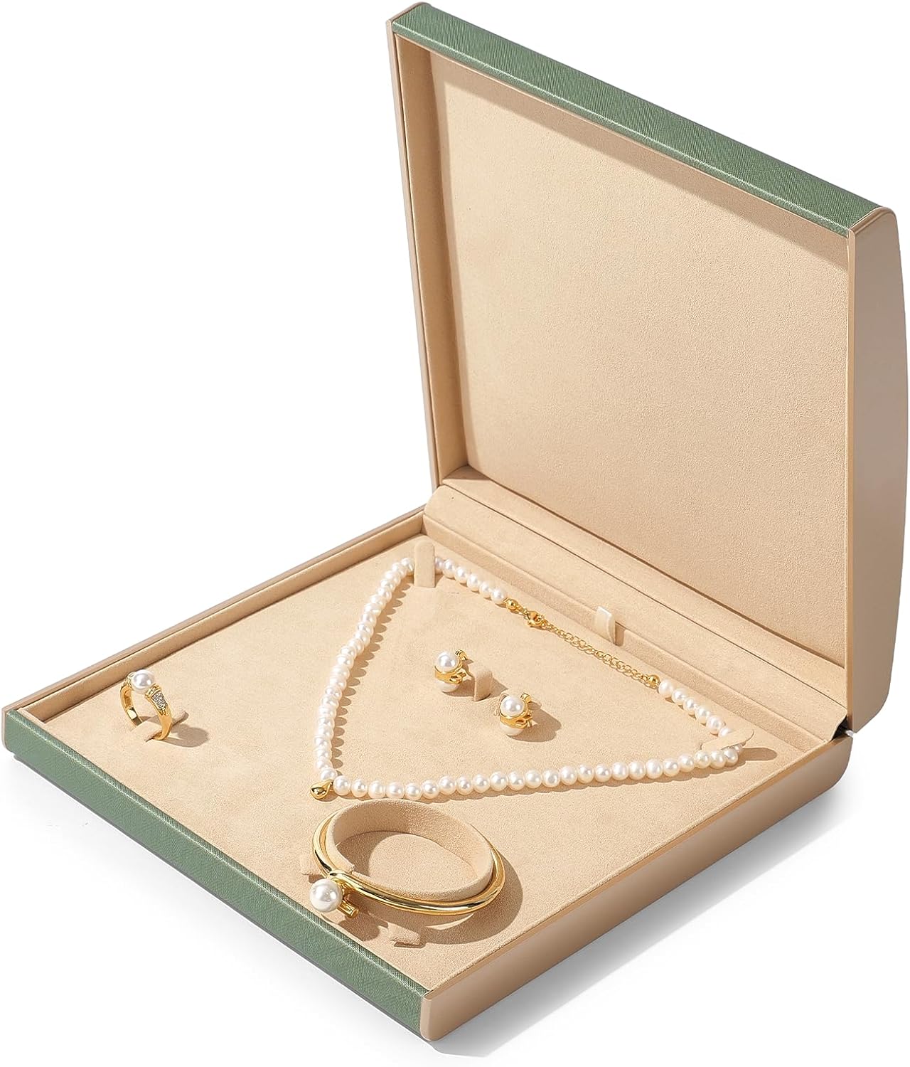 5 in 1 PU Leather Jewelry Set Box Microfiber Interior Gold Rimmed Necklace Earring Ring Bracelet Earring Gift Box Jewelry Case (Green)