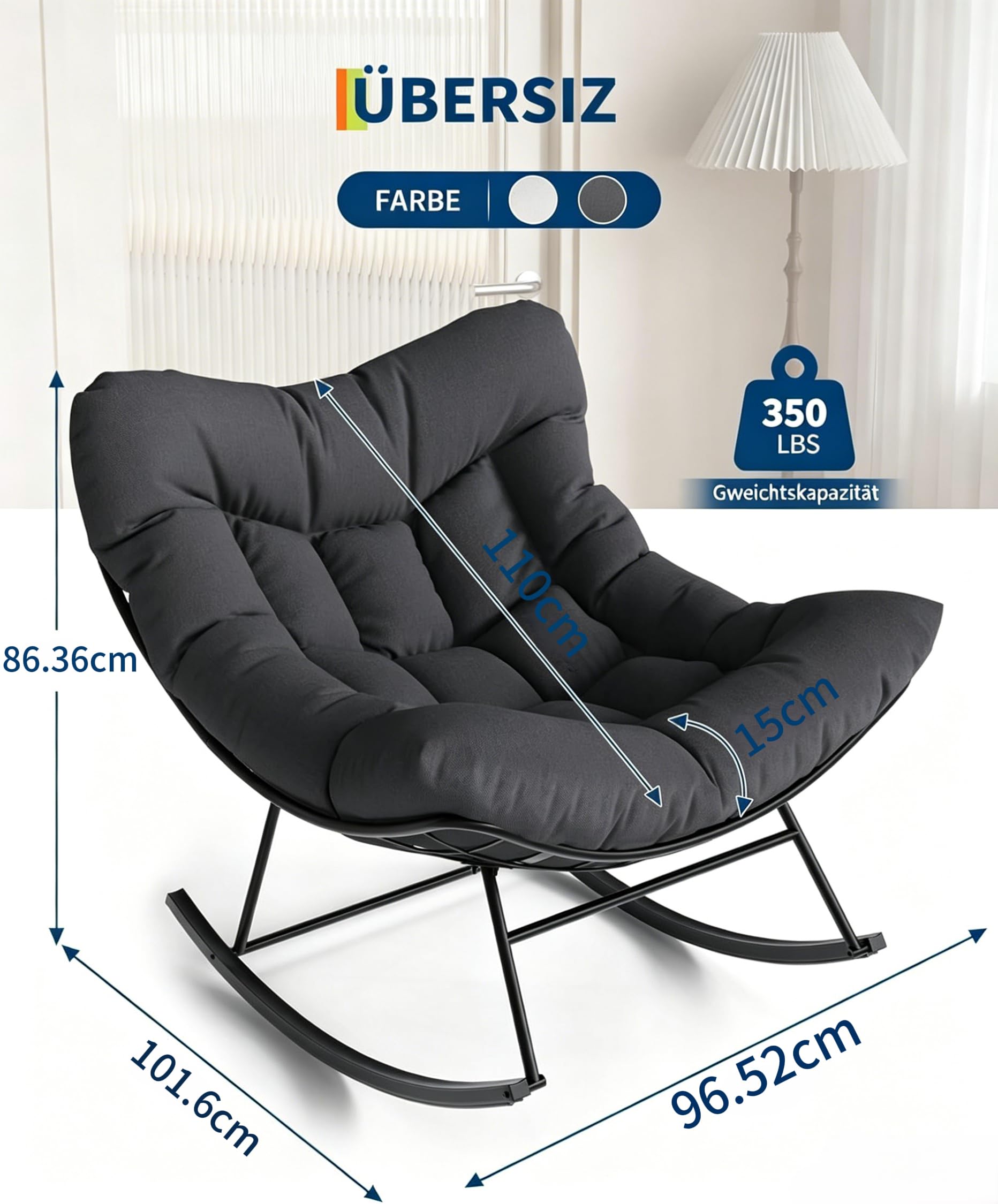 Garvee Eiersessel Schaukelstuhl mit Polster, Moderner Relaxsessel mit stabilem Metallgestell, Bequemer Lesesessel Grau für Wohnzimmer Balkon Terrasse Garten Indoor & Outdoor - Anthrazit