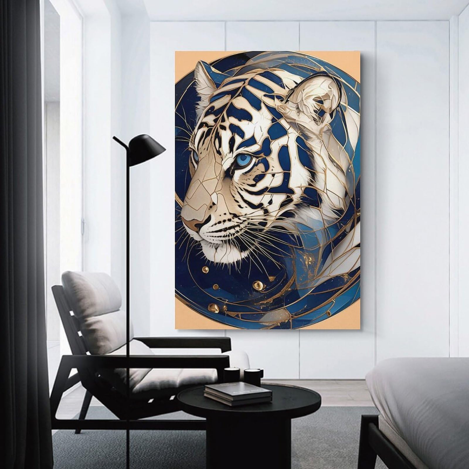 Junmoney Abstract White Tiger with Blue And Gold Accents Hanging Wall Art, 16x24inch(40x60cm), for Living Room, Bedroom, Office Or Hallway, Decorative Artwork with Broad Appeal