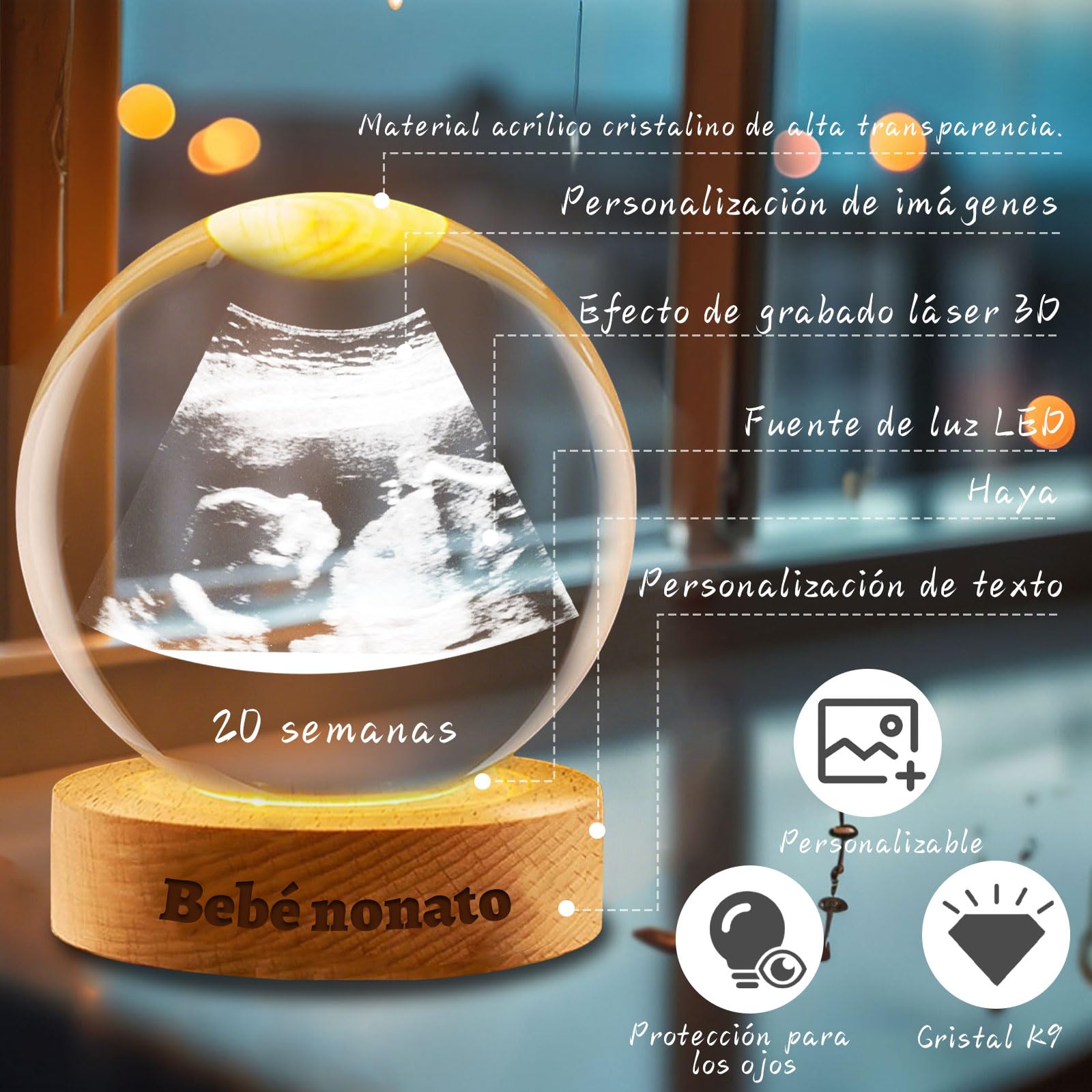 Esfera de Cristal Personalizada 3D con Foto y Texto - Bola de Cristal con Base de Madera Grabada, Regalo de Fotografía 3D Navidad, Halloween, Ultrasonidos, Familia (Ecografía)