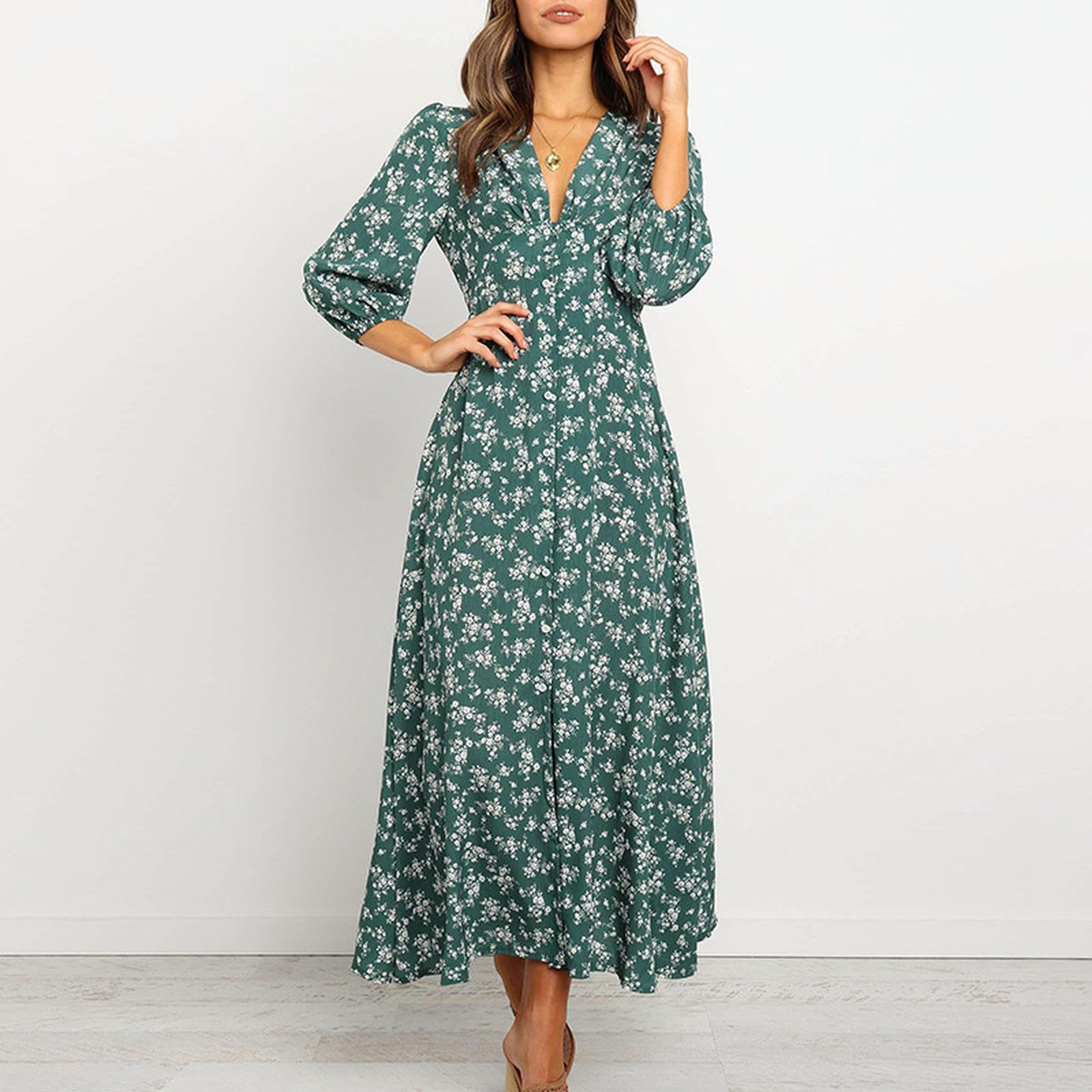 Damska Letnia Sukienka V Neck Latarka Rękawy Guziki Wysoka Talia Casual Retro Midi