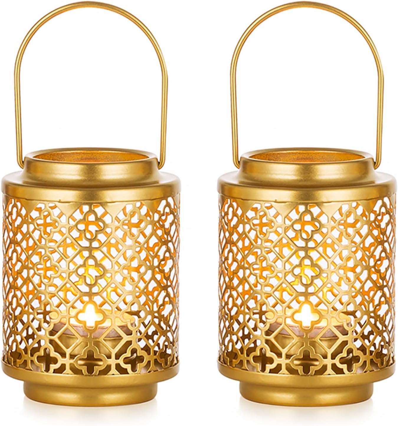 NUPTIO Gold Hanging Candle Lanterns: 2 Pack 4.1" Vintage Metal Tea Light Holders for Wedding Christmas Party Table Centerpieces