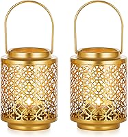 NUPTIO Gold Hanging Candle Lanterns: 2 Pack 4.1" Vintage Metal Tea Light Holders for Wedding Christmas Party Table Centerpieces