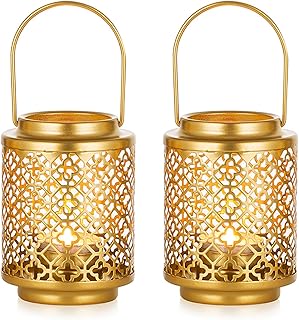NUPTIO Decorative Candle Lanterns Gold: 2 Pcs Hanging Metal Tea Light Candles Holder 4.1inch Small Vintage Tealight Lantern Centerpiece for Christmas Wedding Party Table Decorations (Style 1)