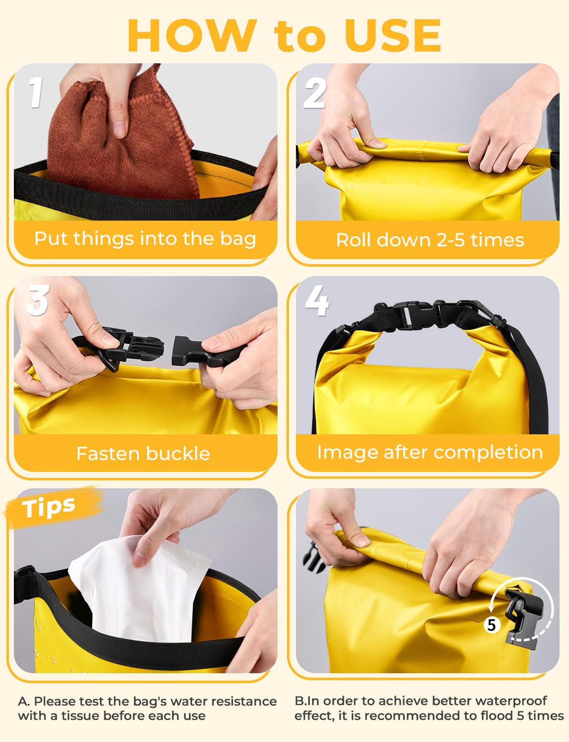 KYG Borsa Impermeabile, 2L/5L/10L Sacca Stagna in PVC, Saldata senza Cuciture – Leggera, Resistente e Galleggiante per Rafting, Trekking Fluviale, kayak, Spiaggia e Campeggio 5L Giallo