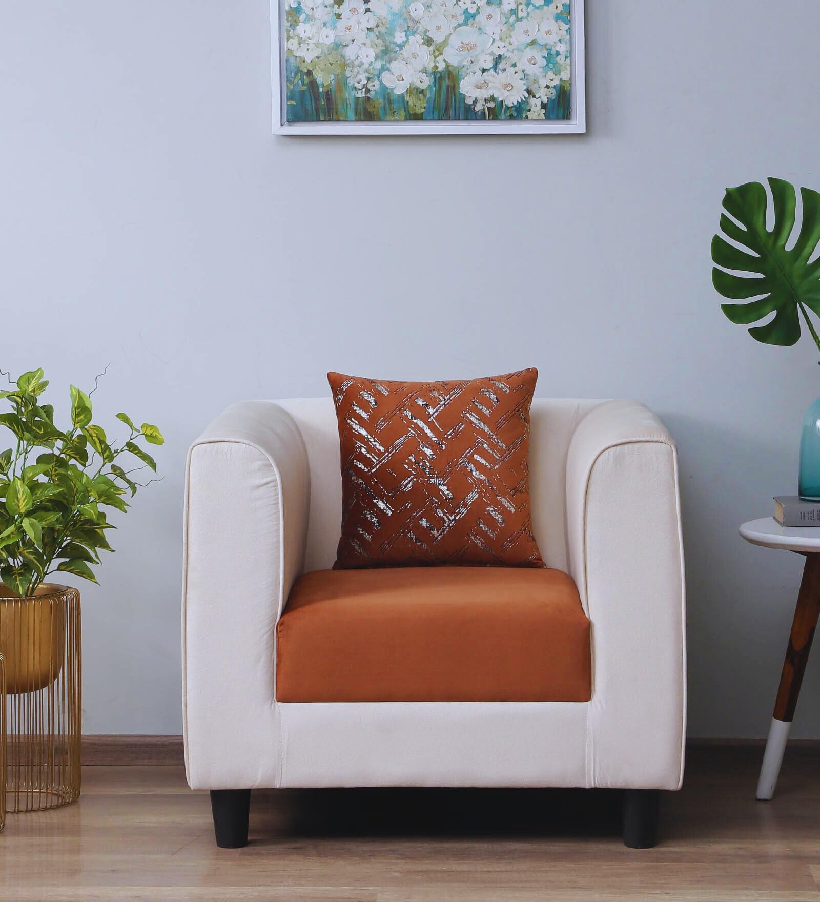 Velvet Fabric/Pine Wood/Foam with Elastic Webbing & Lashing Belt Suspension Digambara 1 Seater Sofa - Brown/Beige-image-48