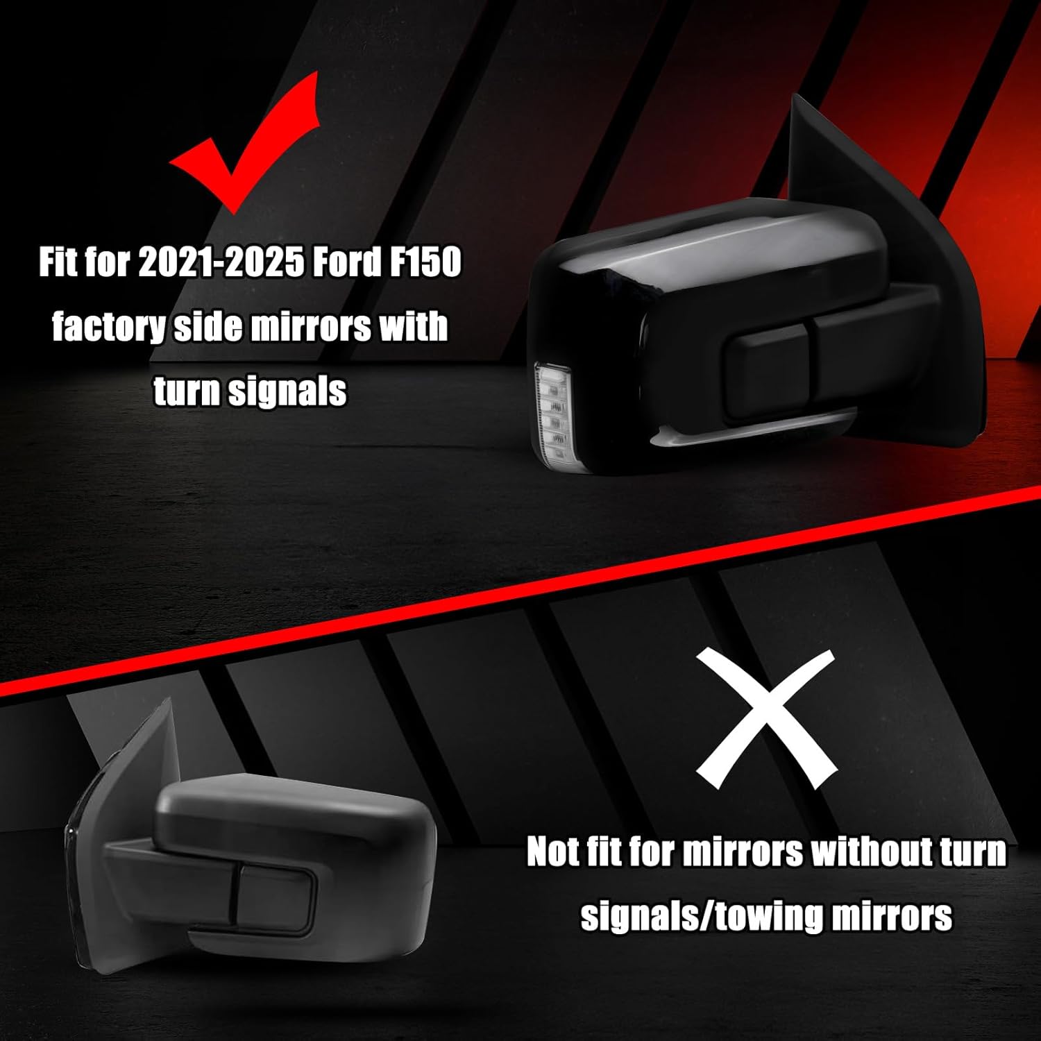 Glossy Black Side Rearview Mirror Covers Caps Decoration Compatible with 2021-2025 Ford F150, With Turn Signal Model (Black-with Cut-Out)