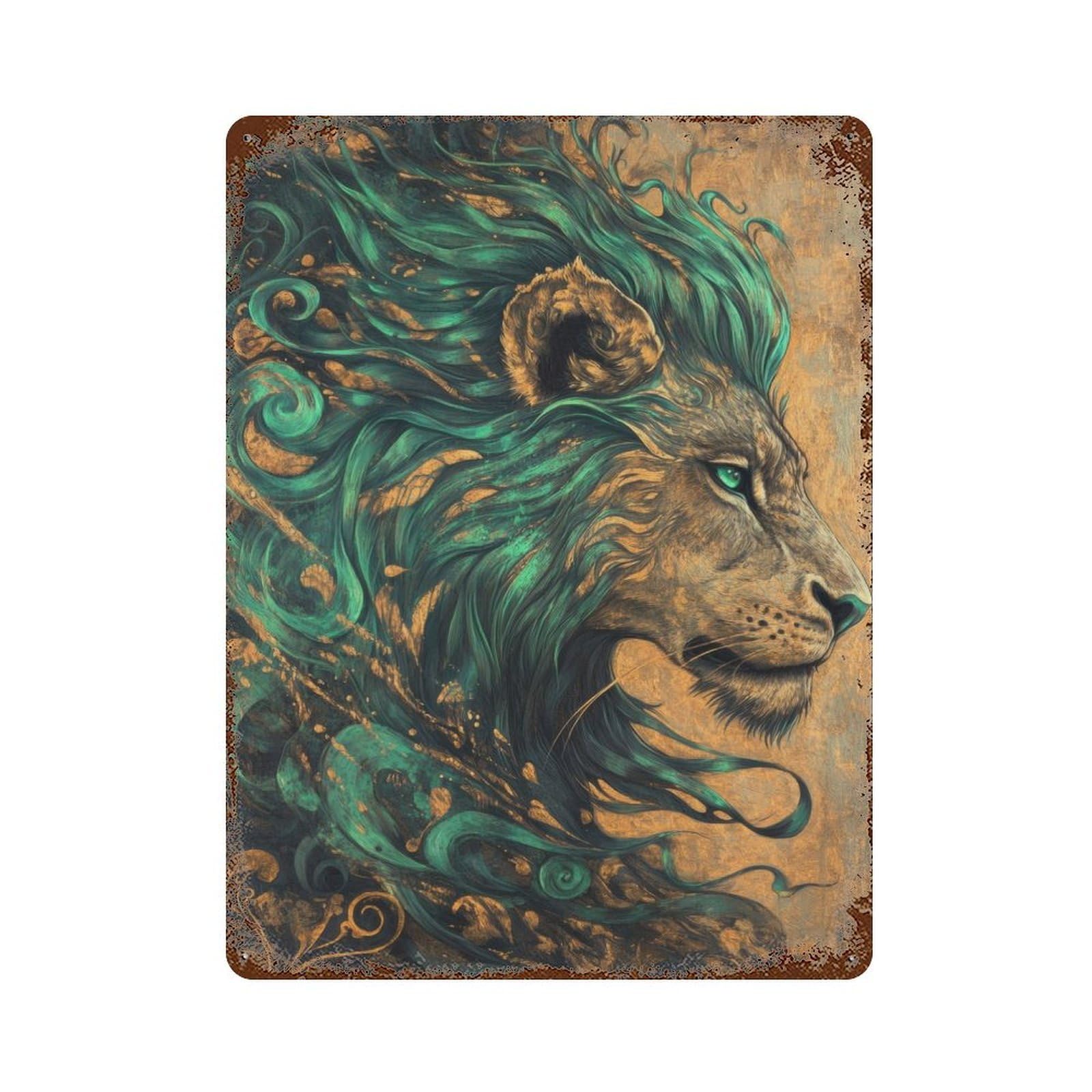 Distressed Metal Wall Sign with Emerald And Bronze Lion Design 15.7"x11.8", for Farmhouse, Kitchen And Entryway Decor, Old School Wall Decor