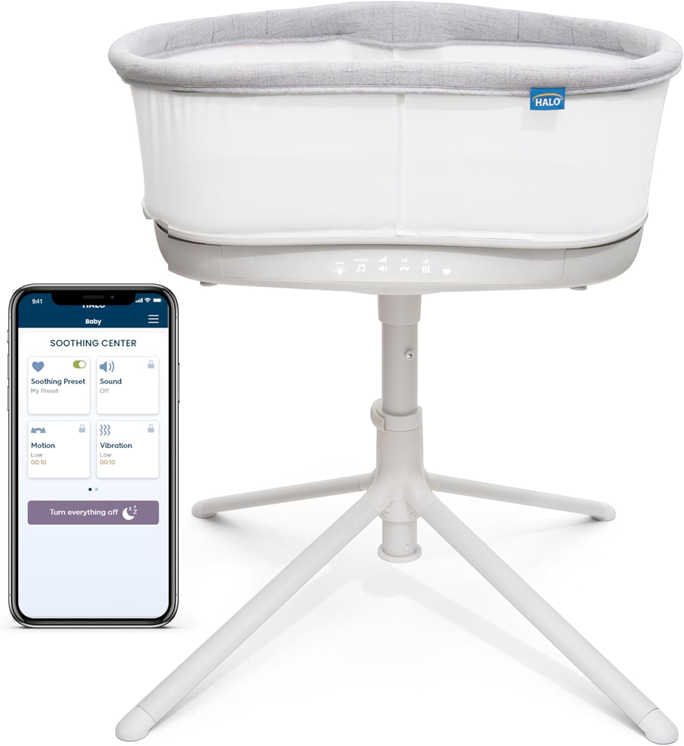 HALO BassiNest Connected Swivel Sleeper 3.0 – Smart Bassinet with AutoSoothe™, 360° Swivel, Cry Detection, Rocking, Vibration &amp; Soothing Sounds, Easy Lowering Wall for Postpartum Recovery