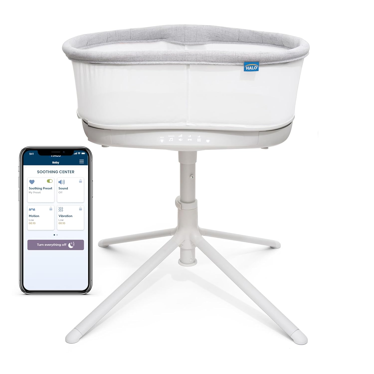 HALO BassiNest Connected Swivel Sleeper 3.0 – Smart Bassinet with AutoSoothe™, 360° Swivel, Cry Detection, Rocking, Vibration & Soothing Sounds, Easy Lowering Wall for Postpartum Recovery