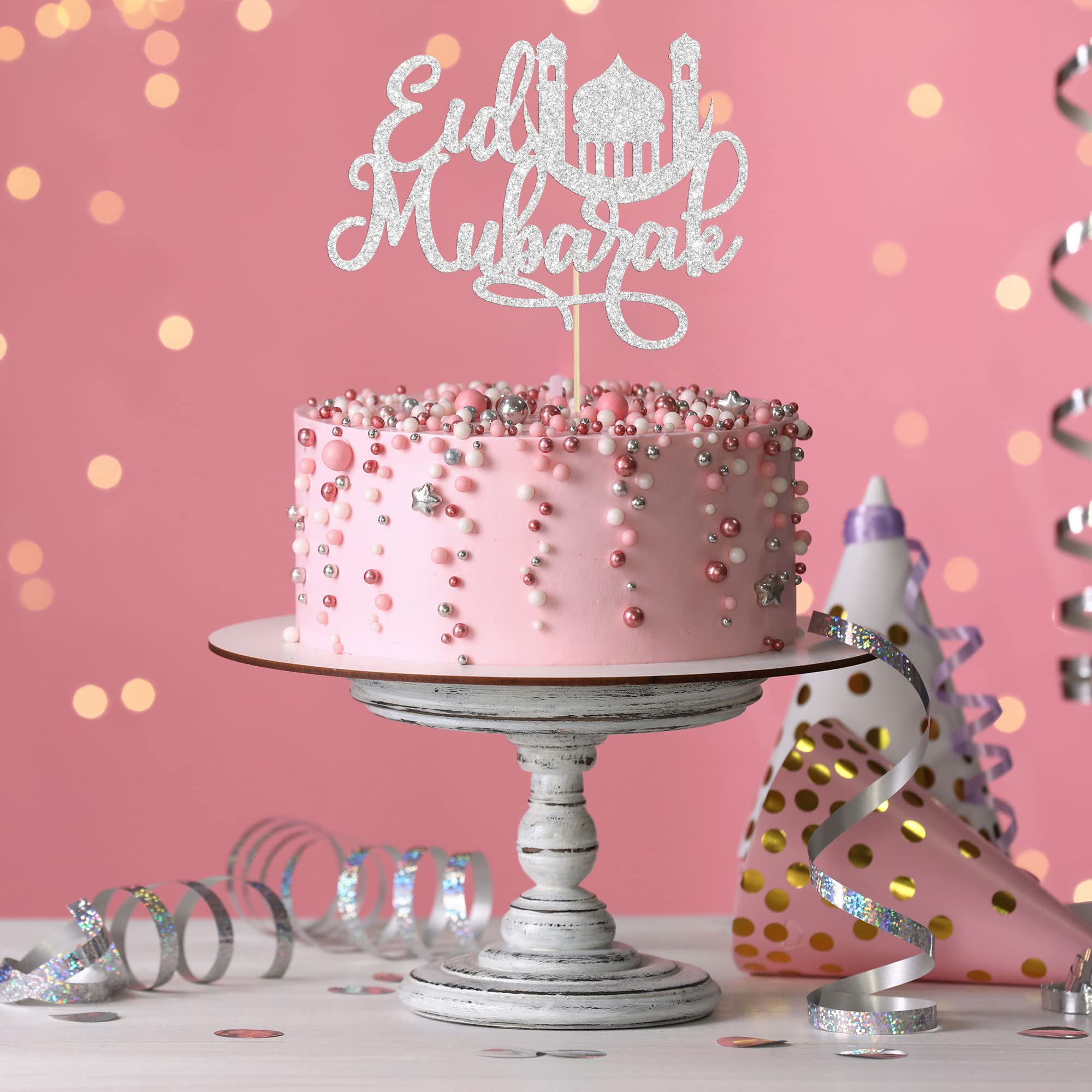 Eid Mubarak Cake Topper - Silver Glitter Moon & Star, Islamic Party Decor, 8.7" Tall