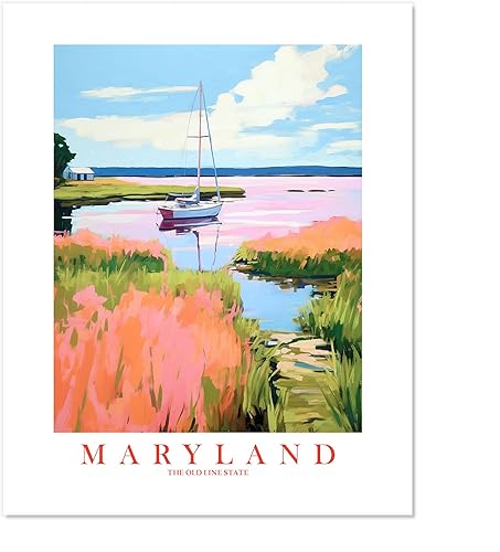 ColorAndFlair Maryland Travel Print Old Line State Souvenir Chesapeake Bay MD Wall Art Pink Orange Blue Retro Poster Landscape Painting (11x14