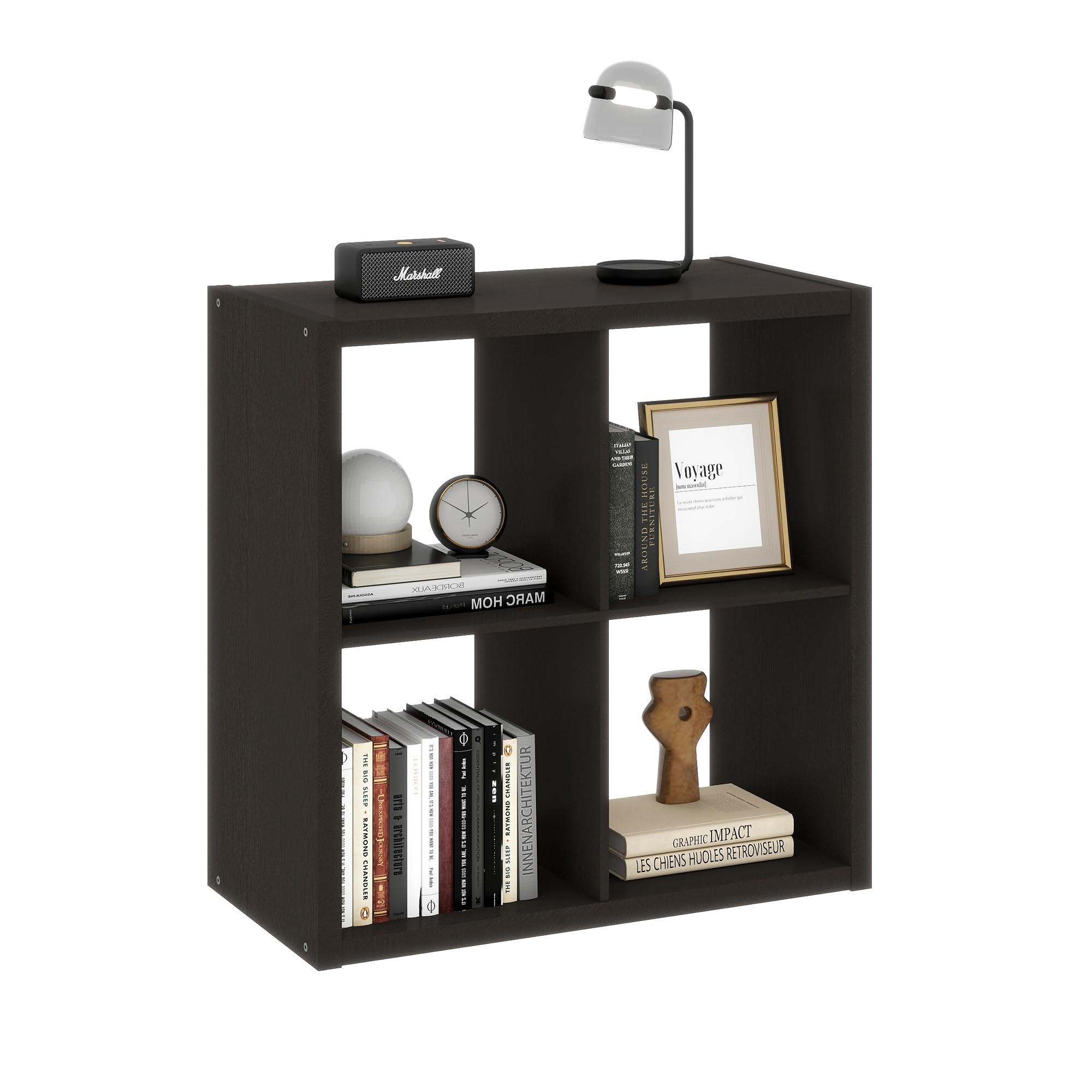 4 Black Cube Storage Organizer, 14.6" x 30" x 30" Wooden Cube Storage Organizer with Four Organized Spaces, 2 x 2 Closet Cubbies for Bedroom, Living Room, Playroom, Dark Brown