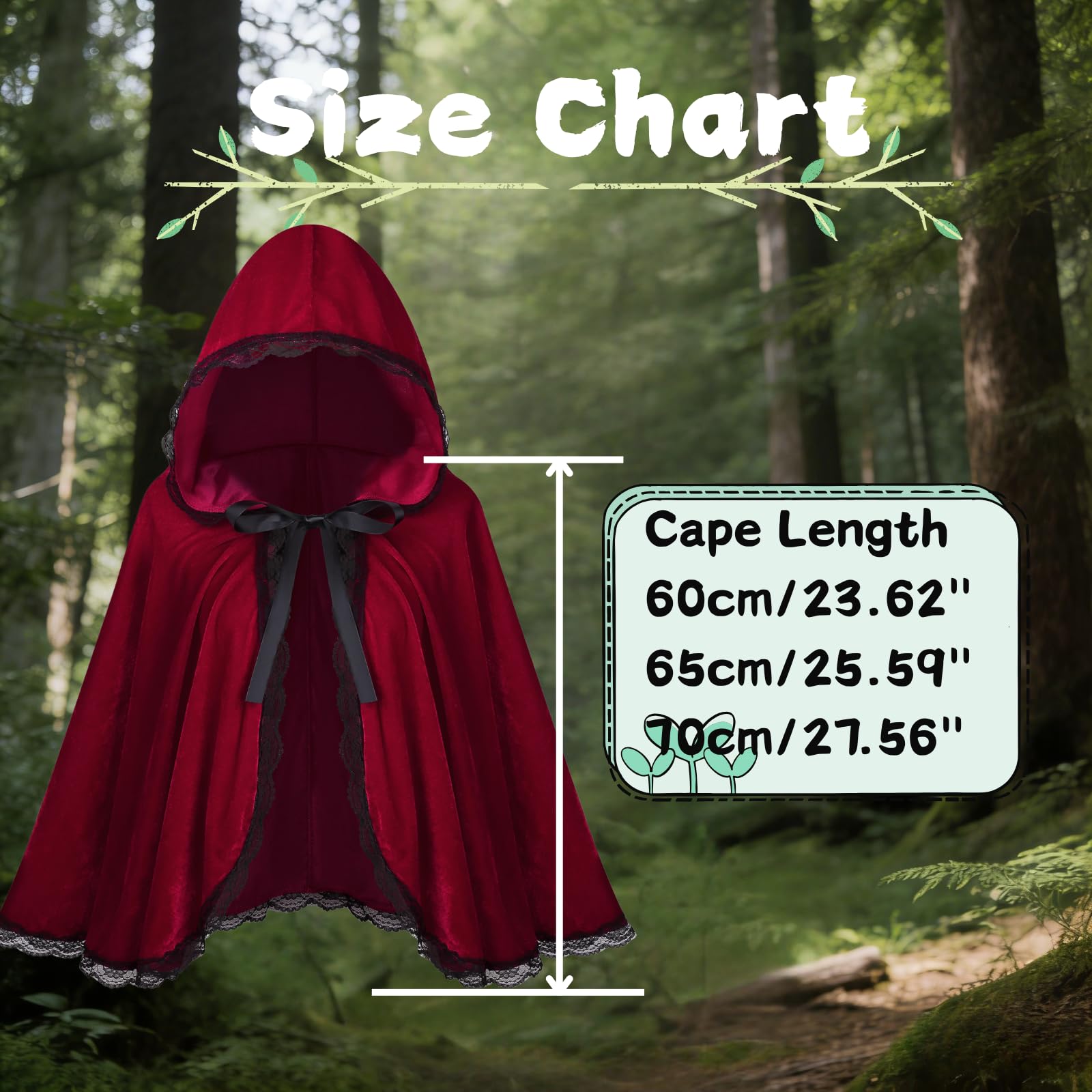DELIVESS Little Red Riding Hood Cloak Women Halloween Christmas Retro Performance Fancy Hooded Cloak (23.62", Wine Red Black Lace) - Image 2