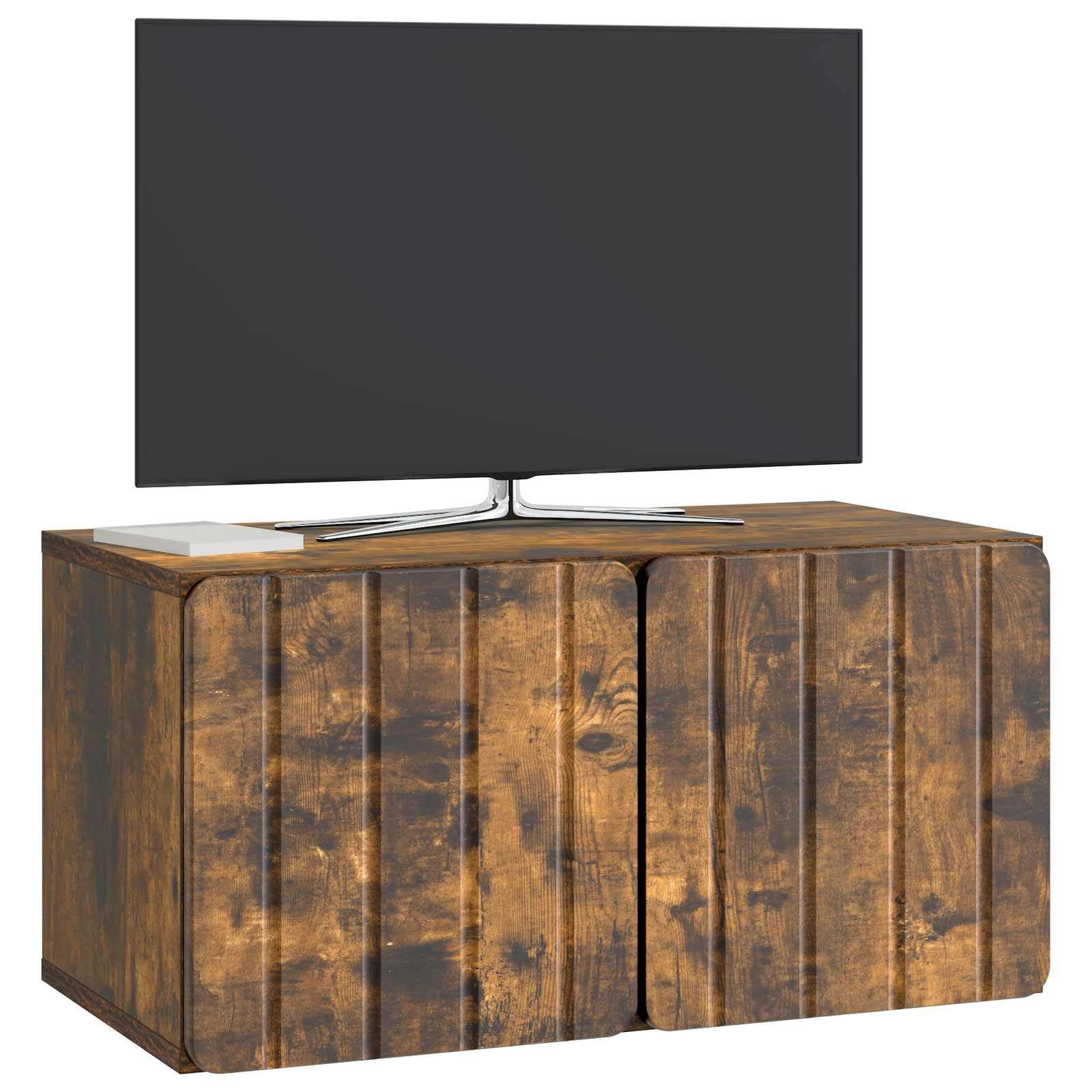 Hothingwell TV-Wandschrank, 59,5 x 31 x 30 cm, Eichenrauch, Holz | Drehtüren 90°, minimalistisches Design, platzsparend, feuchtes Tuch