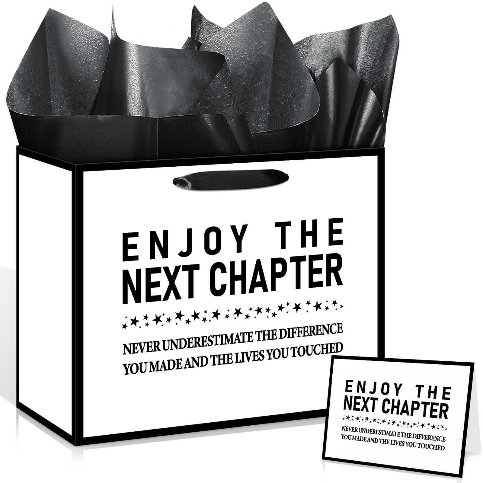 Yomaiha 1PC Retirement Gift Bag for Women Men Enjoy the Next Chapter Gift Bag with Tissue Papers and Card White Black Retirement Gift Wrapping Paper Bag for Farewell Going Away Party Supplies