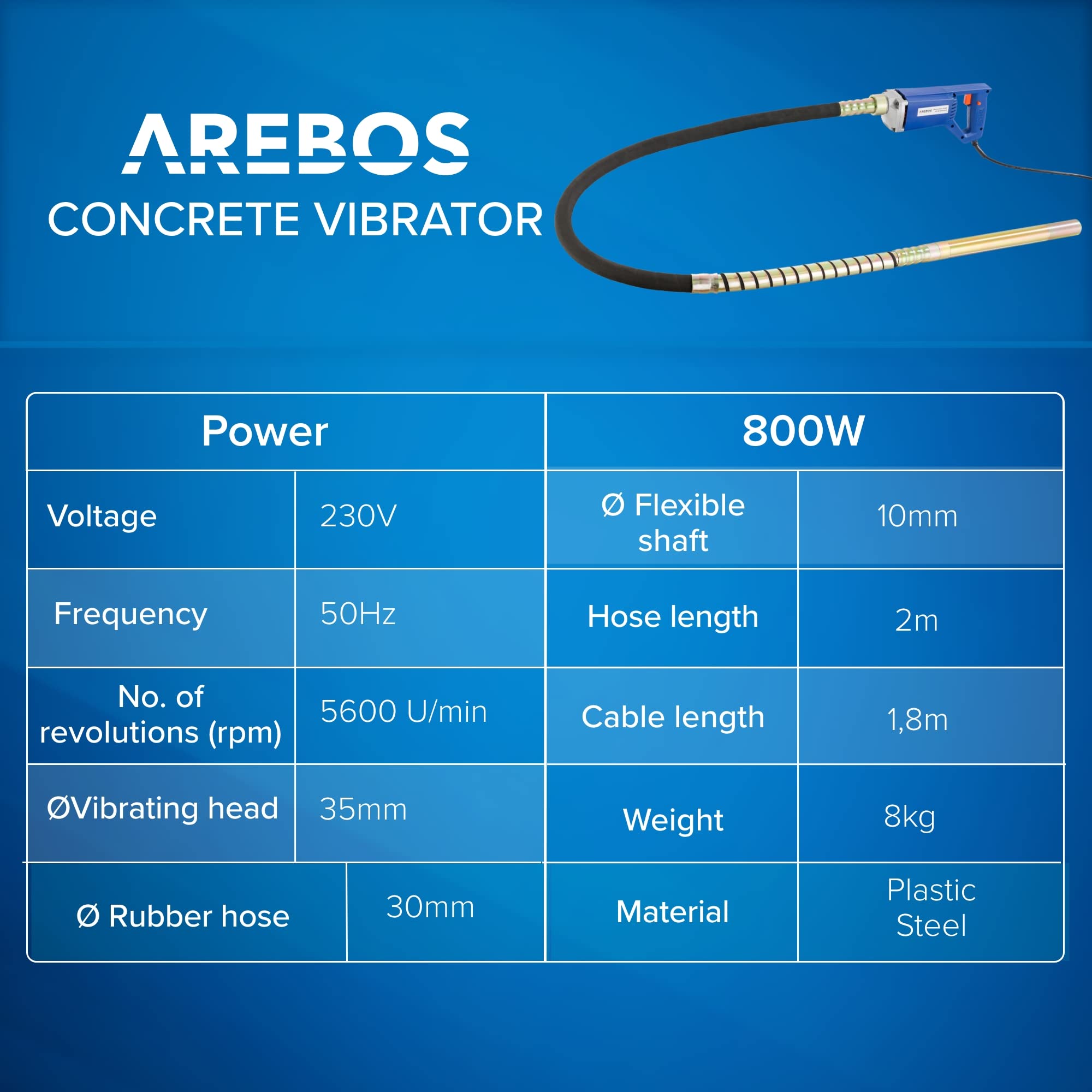 Arebos - Attrezzo per cemento | elettrico | Vibratore elettrico per calcestruzzo | flessibile (800 W 2 M Lunghezza del cavo)