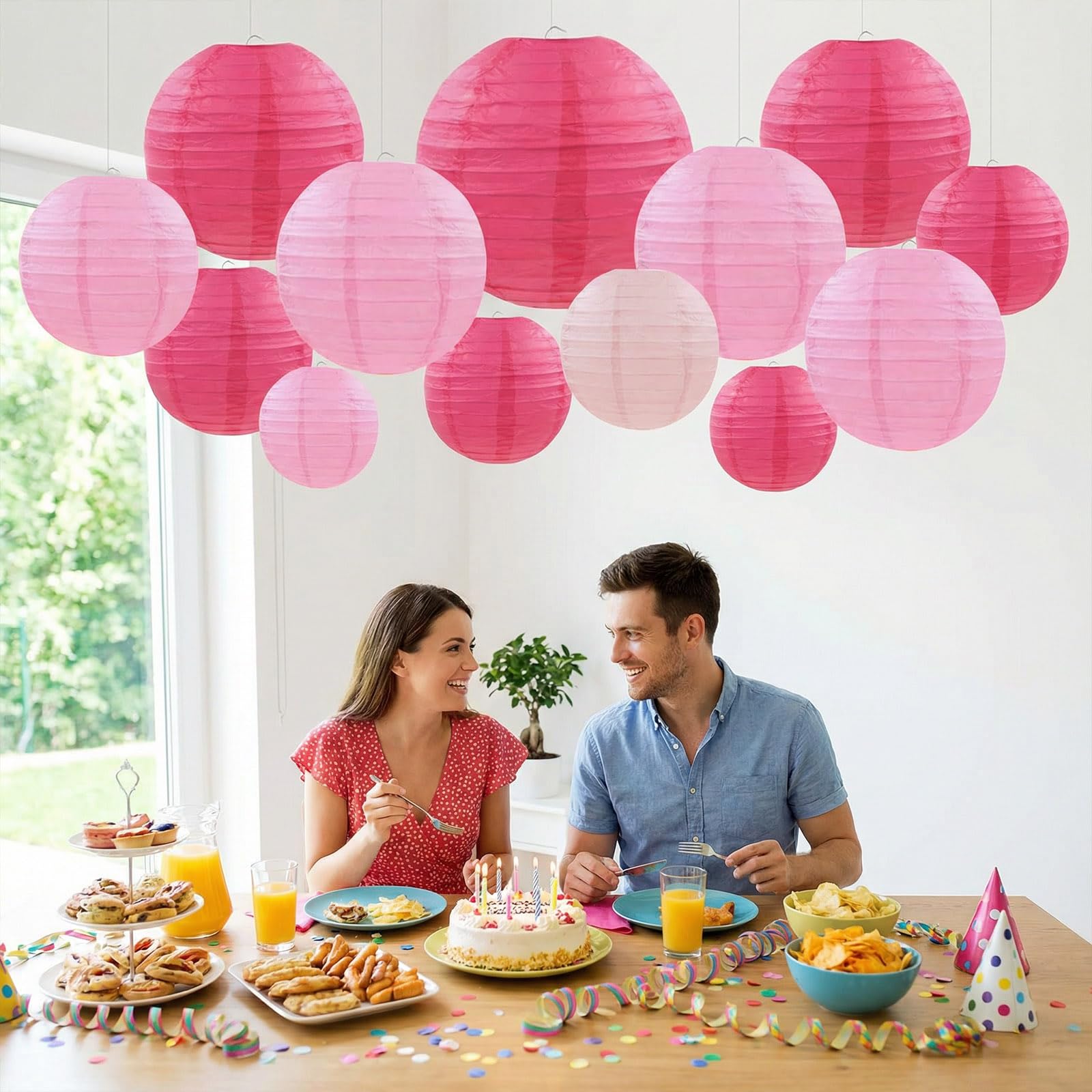 18 lanterne di carta rosa, rotonde decorative con filo da pesca, lanterne di carta da appendere per feste di compleanno, decorazioni in giardino, decorazioni per matrimoni da sposa