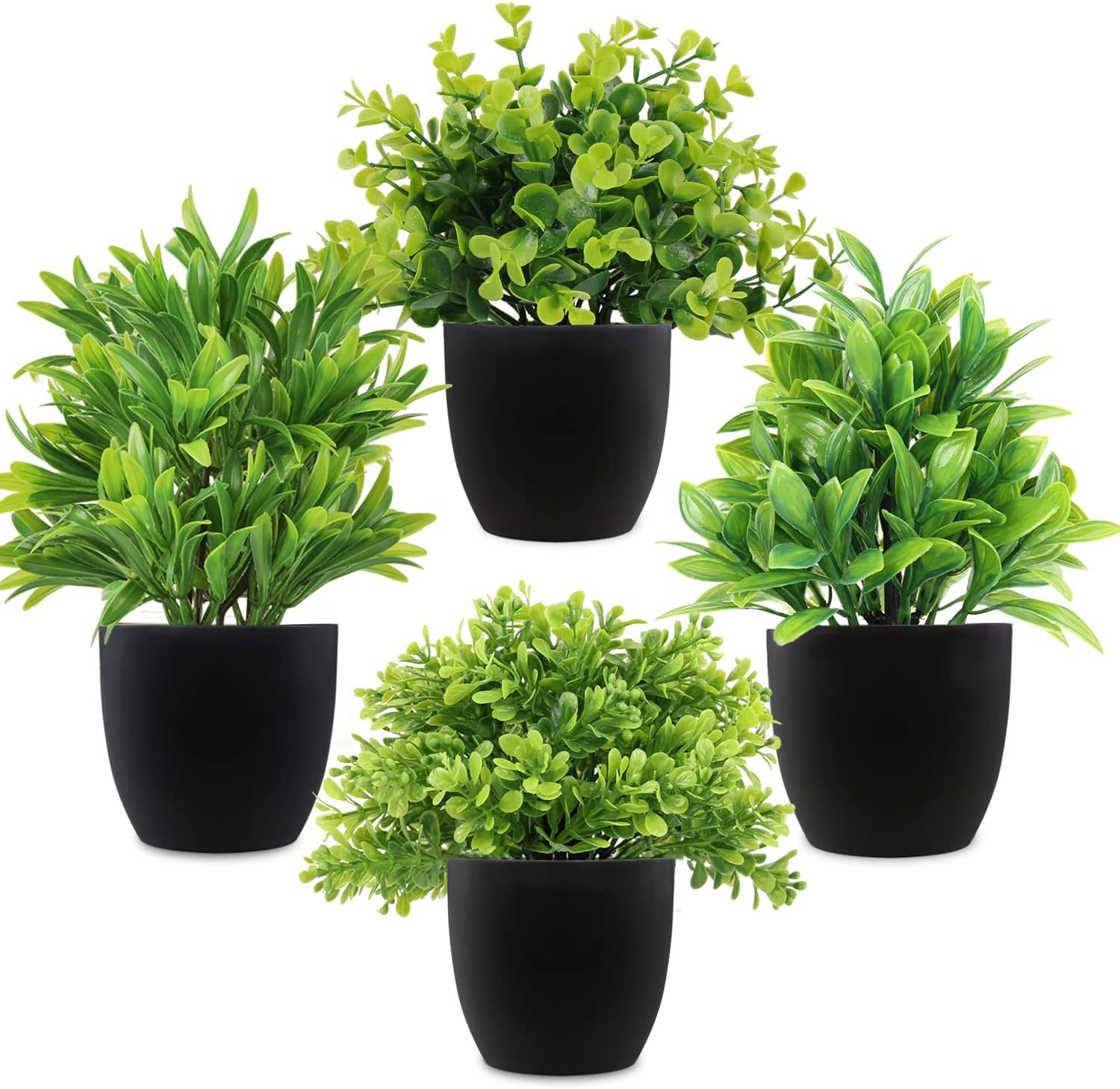 LELEE Artificial Potted Plants Mini Fake Plants, 4 Pack Small Eucalyptus Potted Faux Decorative Grass Plant with Black Plastic Pot for Home Decor, Indoor, Office, Desk, Table Decoration