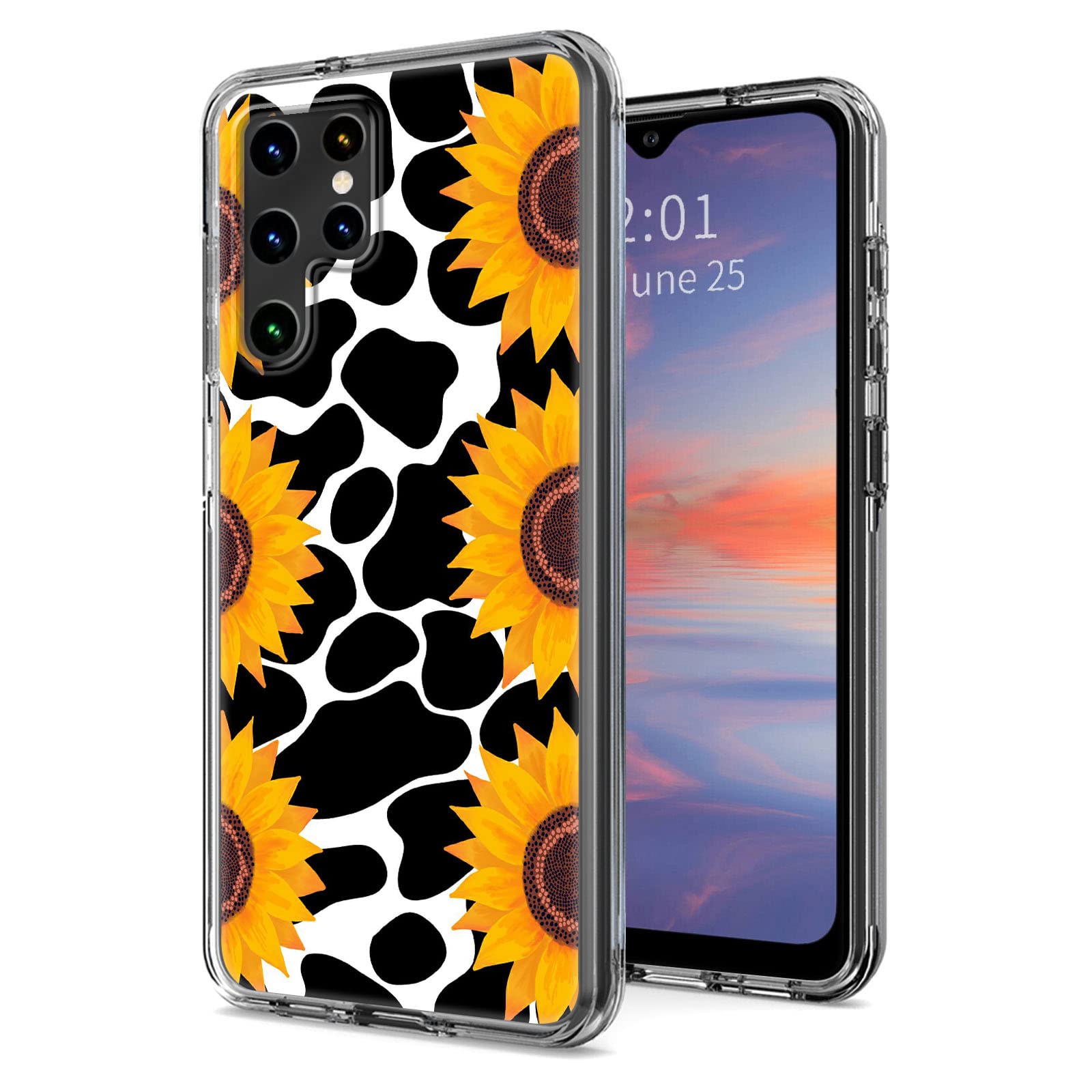 RAUEDWDJS Clear Case for Samsung Galaxy S22 Ultra 5G, Galaxy S22 Ultra Dual Layer Heavy Duty Hybrid Soft TPU & Hard PC Shockproof Protective Cover for Girls Women, Cow Print Sunflowers