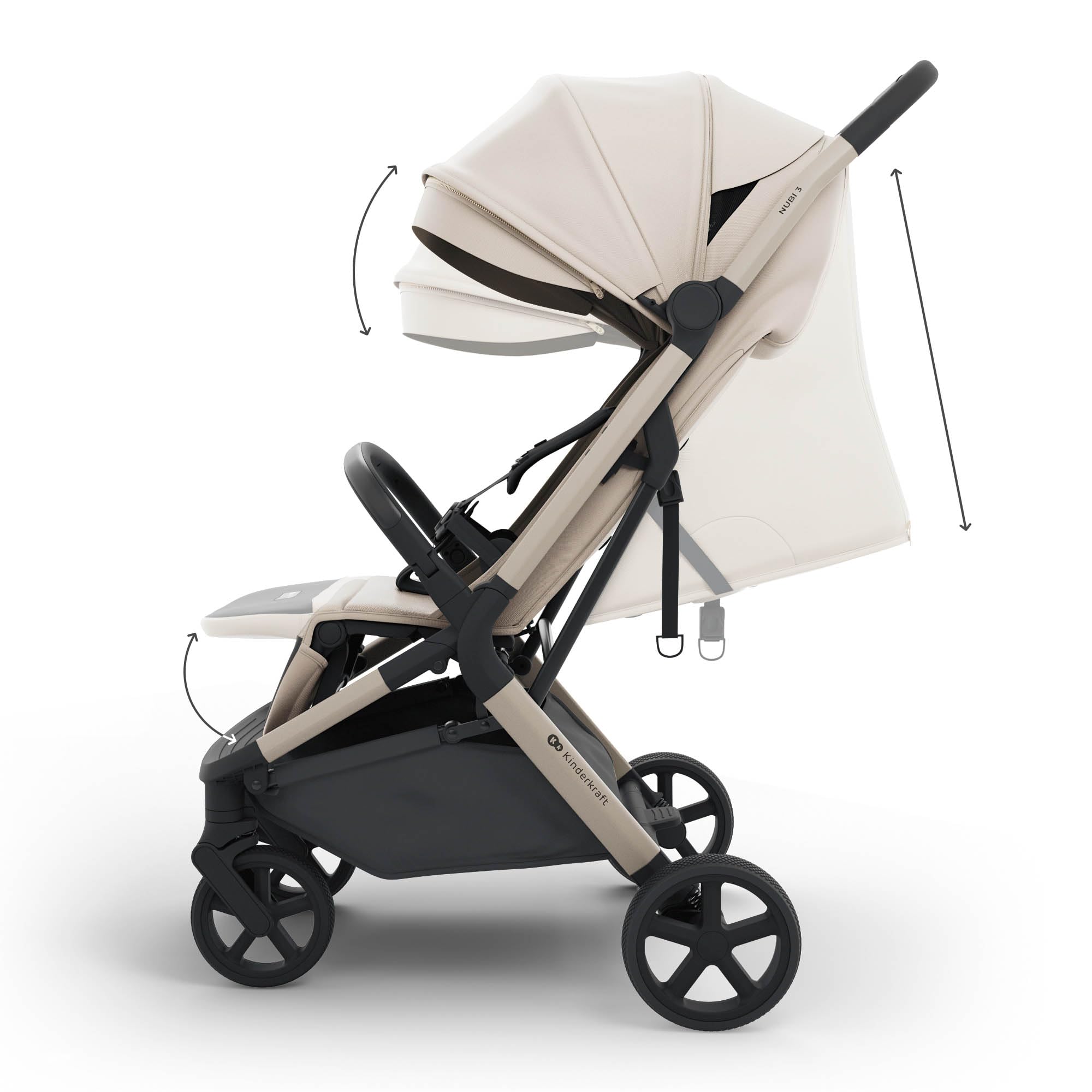 Kinderkraft NUBI 3 Poussette jusqu'à 22 kg, poussette, avec pliage automatique, capote imperméable, filtre UPF 50+, poids léger 8,7 kg, position allongée, harnais de sécurité 5 points, beige