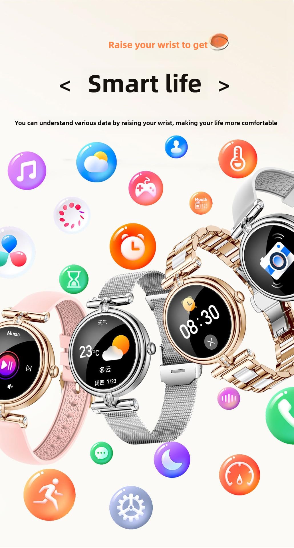 AK62 Smartwatch, zegarek sportowy Bluetooth, rozmawiające tętno, monitorowanie snu, krokomierz, okrągły zegarek damski (srebrzysty B)