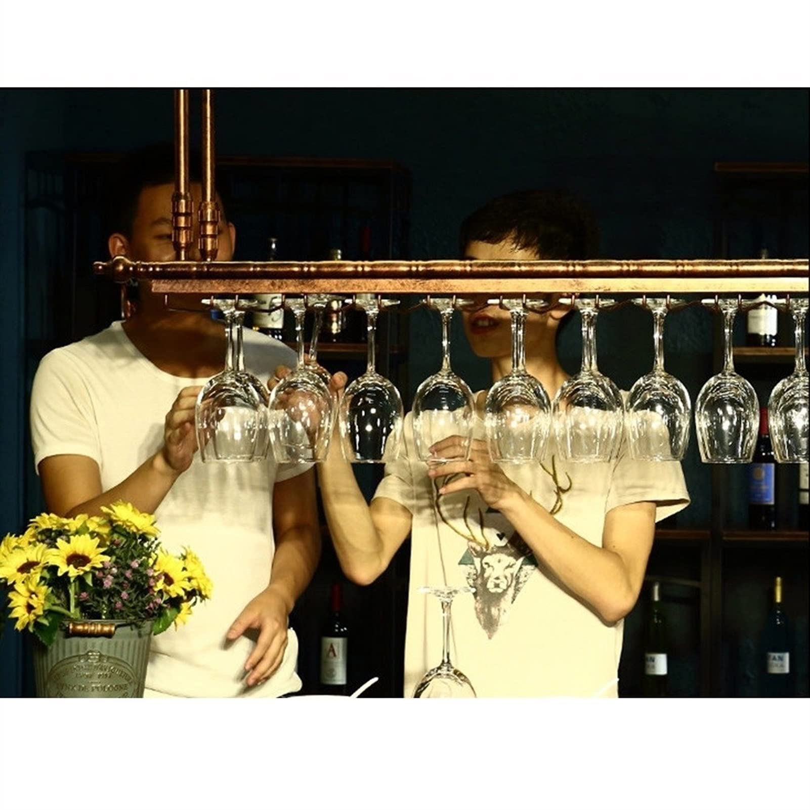 Support Suspendu à Verres à Vin – Réglable 30-60 Cm – Pour 20 Verres + 8 Bouteilles – Fer Peint – 80 X 30 Cm – Couleur Bronze