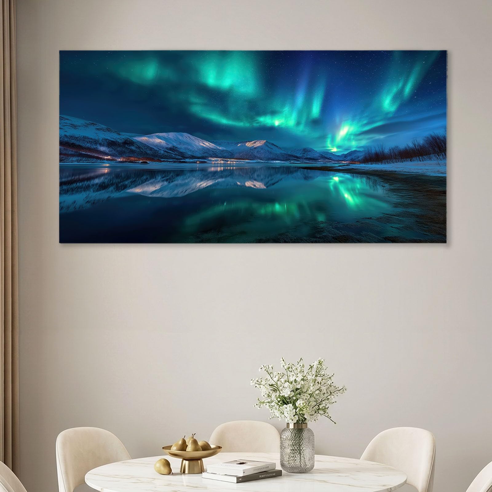 Płótno Natura Krajobraz ścienny 140 x 70 cm Niebieski Zorza polarna Śnieżek Jezioro - Obraz na płótnie na drewnianej ramie i dekoracja do salonu i sypialni