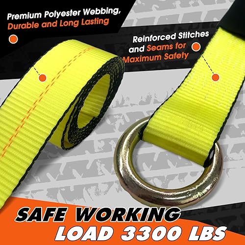 Miniatura 6 de Cureder Correas de amarre de automóvil para remolques, paquete de 4 unidades de 2 x 96 pulgadas con correa para neumáticos de 3,300 libras de carga