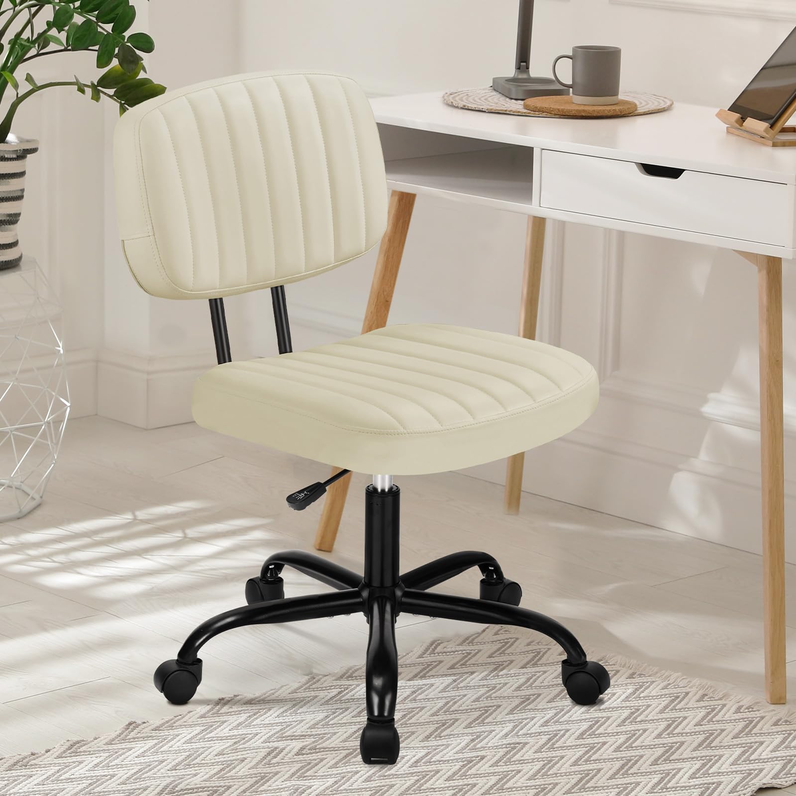 DUMOS Armless Home Office Desk Chair - Small Ergonomic with Low Back Lumbar Support, Height Adjustable PU Leather Computer Task with 360° Swivel Rolling Wheels, for Small Space, Beige White