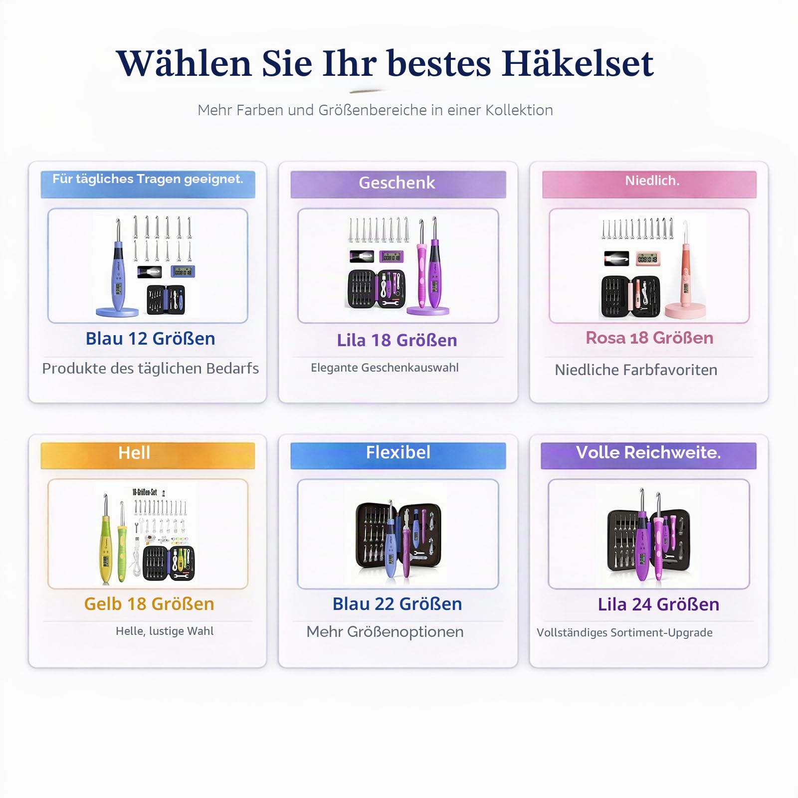BZVV Zählen Häkelnadel Set Digital, Leuchtende Häkelnadeln für Stich & Reihenzähler, Häkelset mit 18 verschiedenen Größen Austauschbare Häkelnadel, Ergonomische Häkelnadeln mit 2 Stufen LED