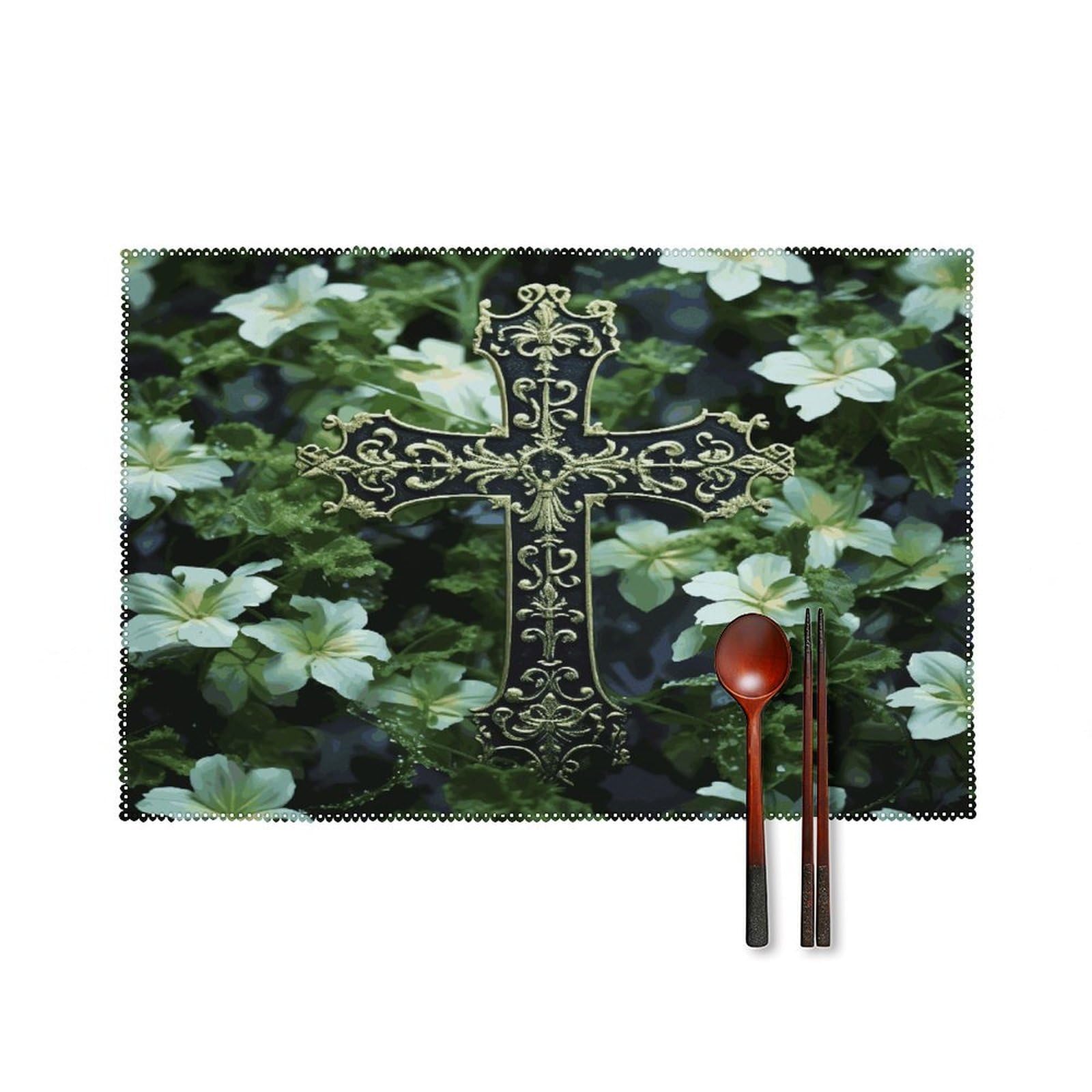 Black Cross Among Green Flowers Placemats Set of 4 Heat Resistant Non-Slip Place Mats for Dining Table Washable Placemat Wipeable Dining Table Mat Canvas Place Mats Dining Table Decor
