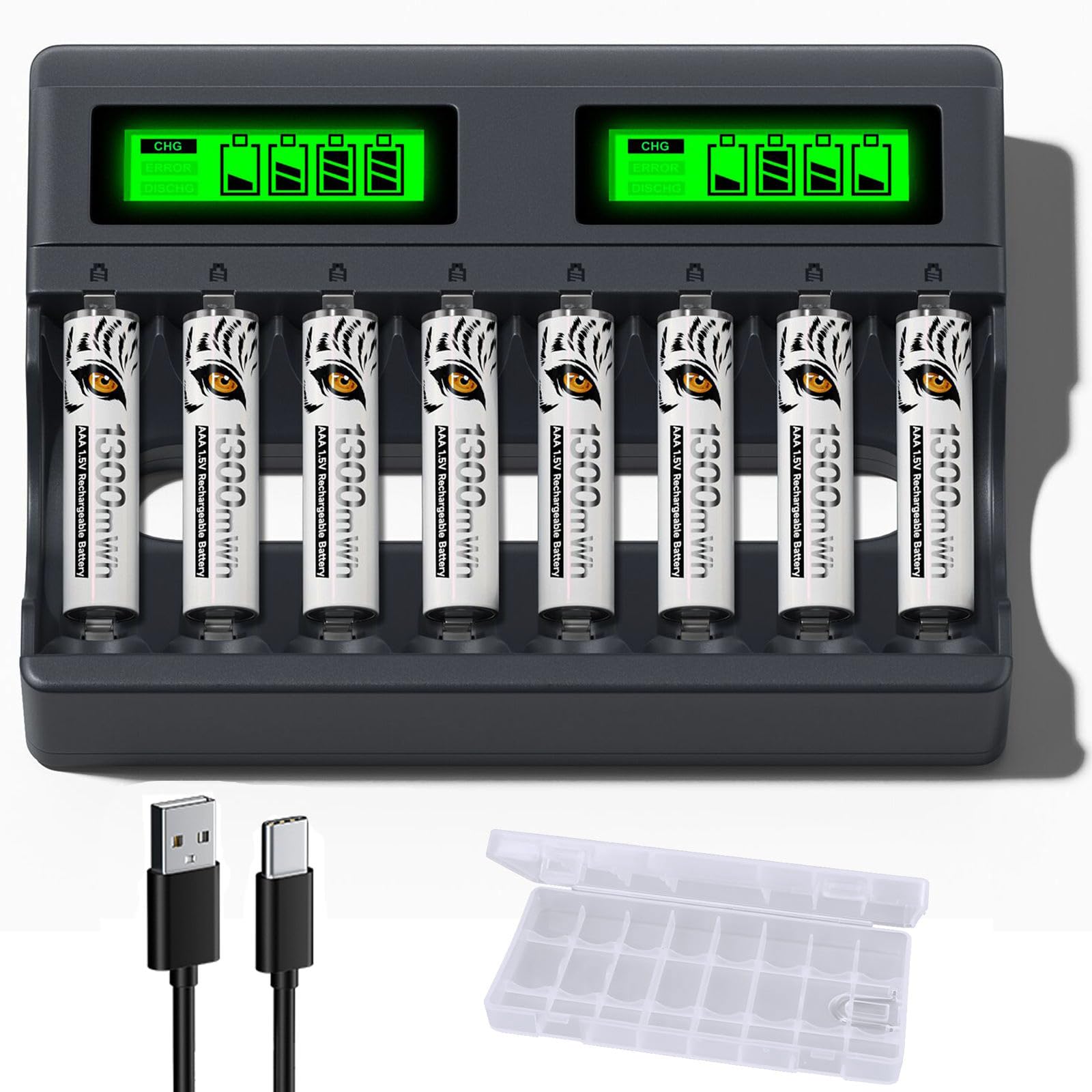 Rechargeable AAA Lithium Batteries Rechargeable with Charger 8 Pack 1.5V 1300Awh AAA Lithium Batteries and Battery Charger for Blink Camera,Household