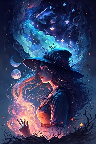 Witch's Magic - Kit de pintura de diamante 5D con diseño de luna estrellada, para principiantes, punto de cruz de diamante redondo completo, pintura