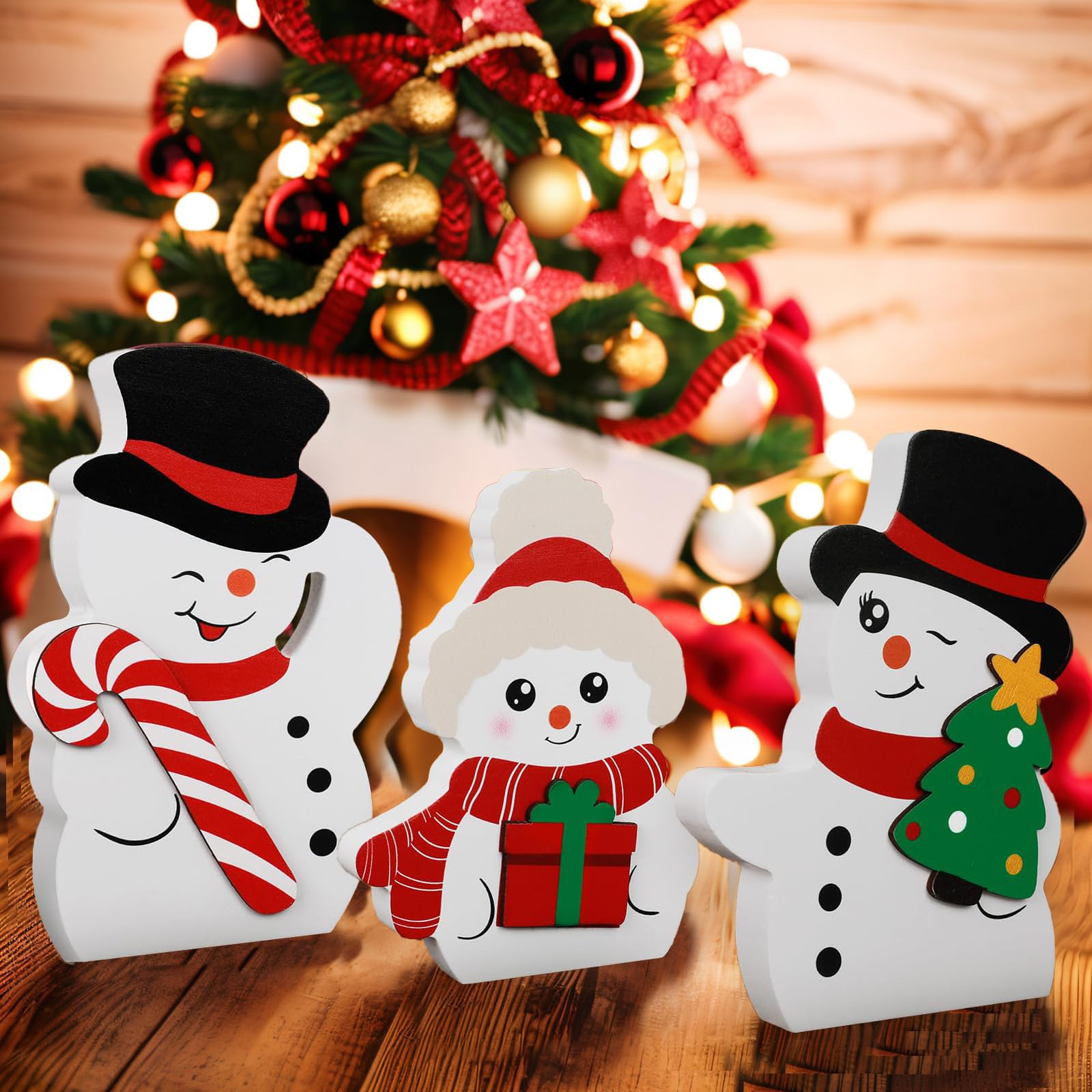 Decorazione Natalizia In Legno – Cartello Pupazzo Di Neve E Fiocchi – Rustico Da Tavolo 25x16 Cm - 2