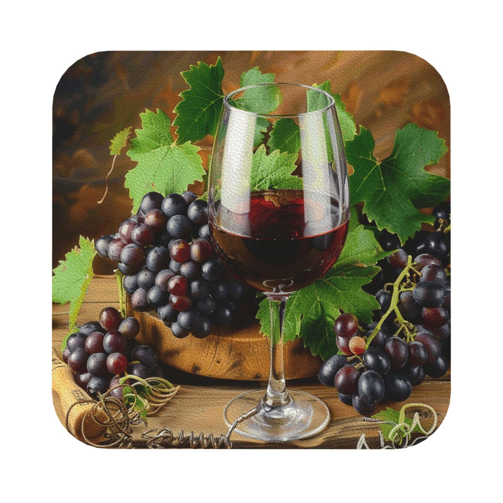 Art Red Wine Galsses & Grapes Print Leather Coaster Set of 6, Square Coasters Table Decorative Coffee Cup Beverage Coasters Wine Beer Bar Coasters for Hot Drinks Table Protection
