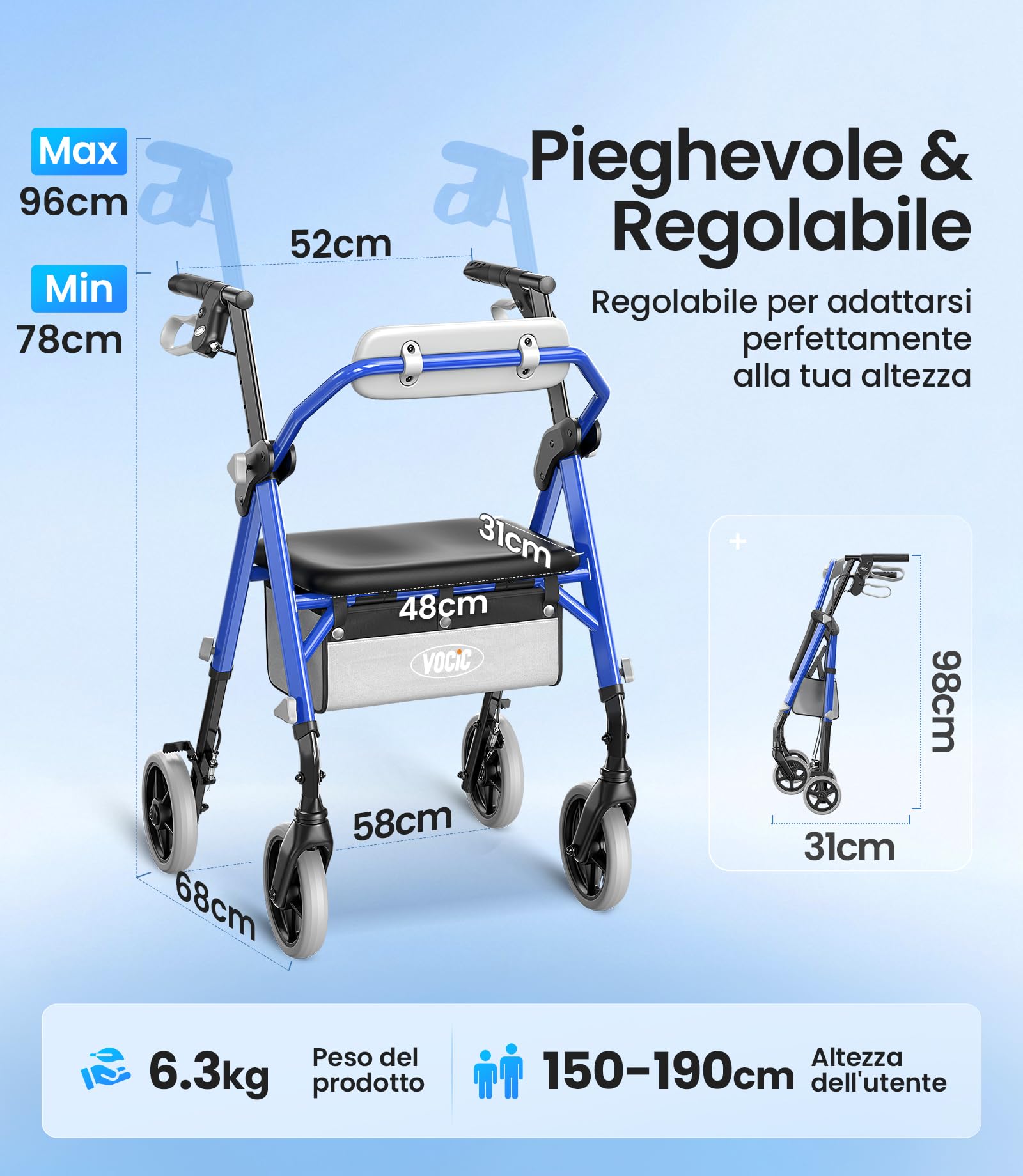 VOCIC Deambulatore pieghevole e leggero con seduta, 6,3 kg ultraleggero | Deambulatore per anziani, max 150 kg, sedile ergonomico, altezza regolabile, walker stretto per casa & viaggi, blu